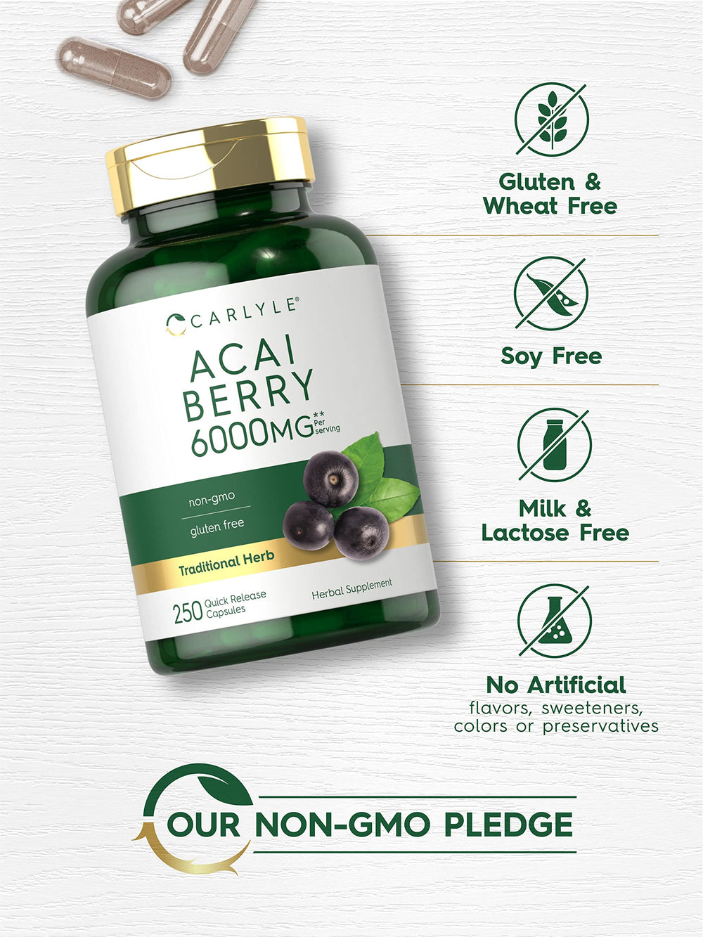 Gluten-free non-GMO Carlyle Acai Berry Capsules suitable for mindful diets