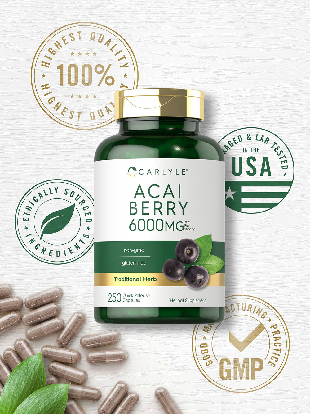 Carlyle Acai Berry Capsules ingredients label for transparent sourcing