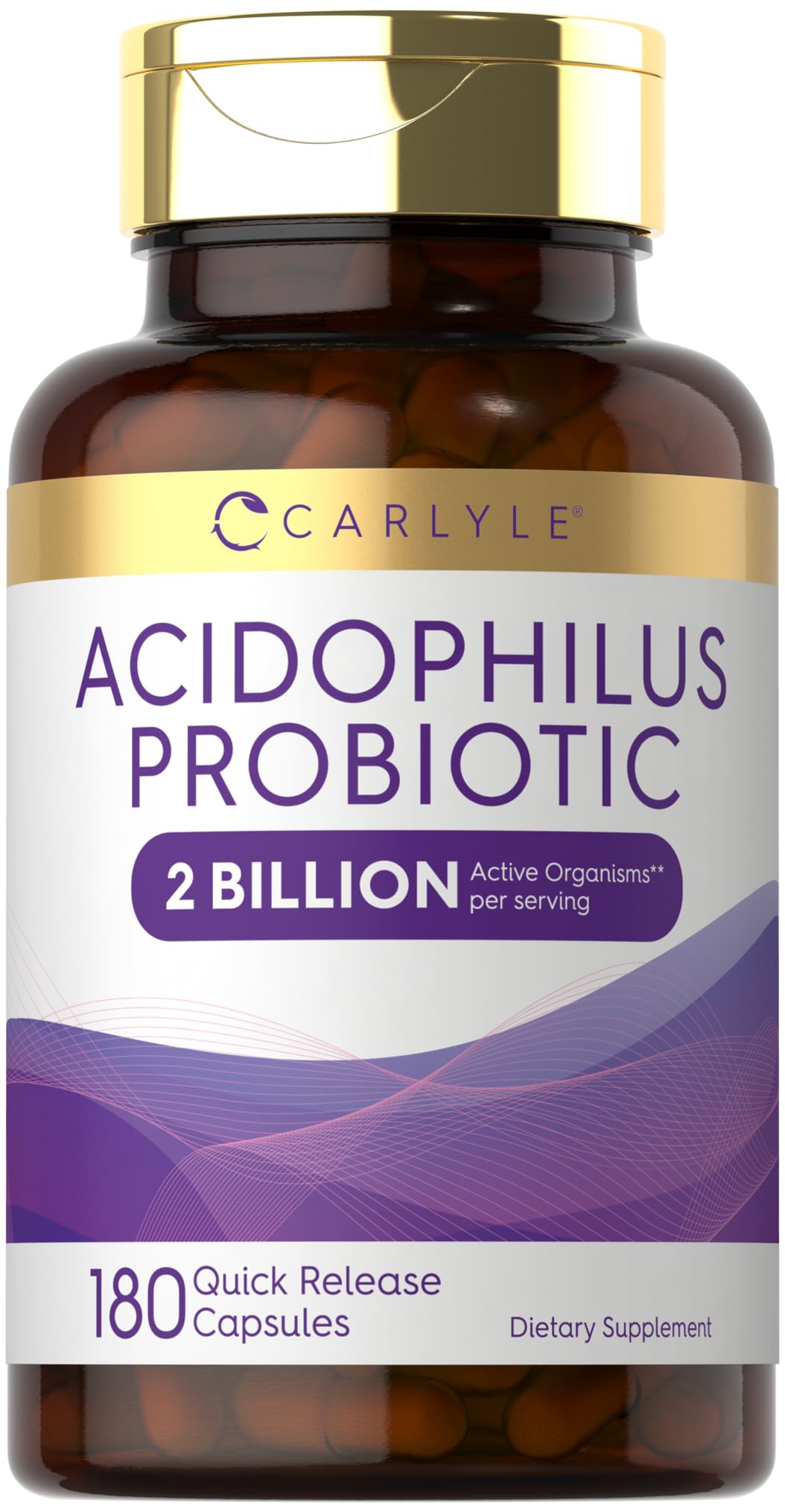 Carlyle Acidophilus bottle closeup showing 2B CFU per serving for daily support