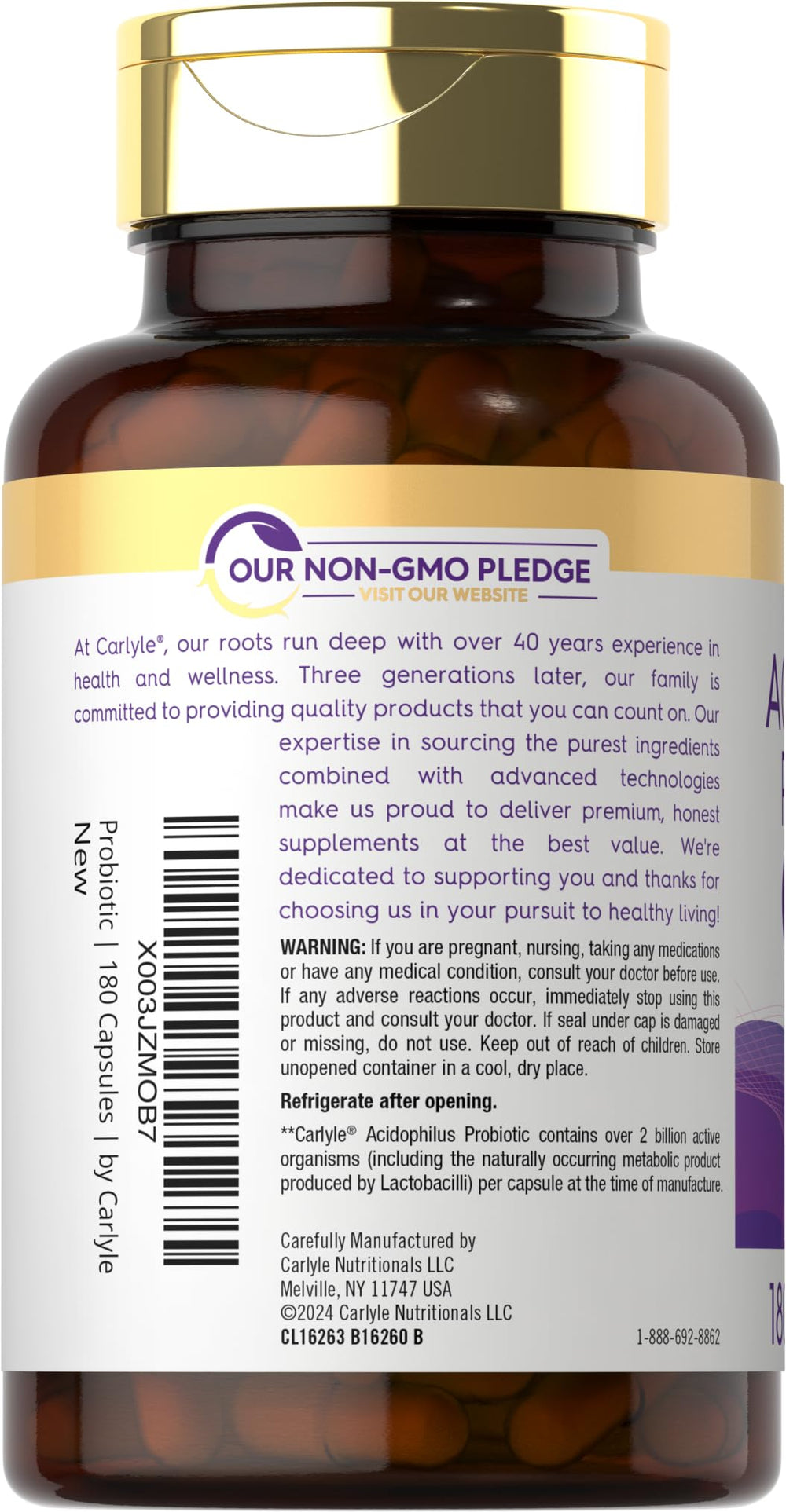 Carlyle Acidophilus bottle front view highlights gluten-free and non-GMO formulation