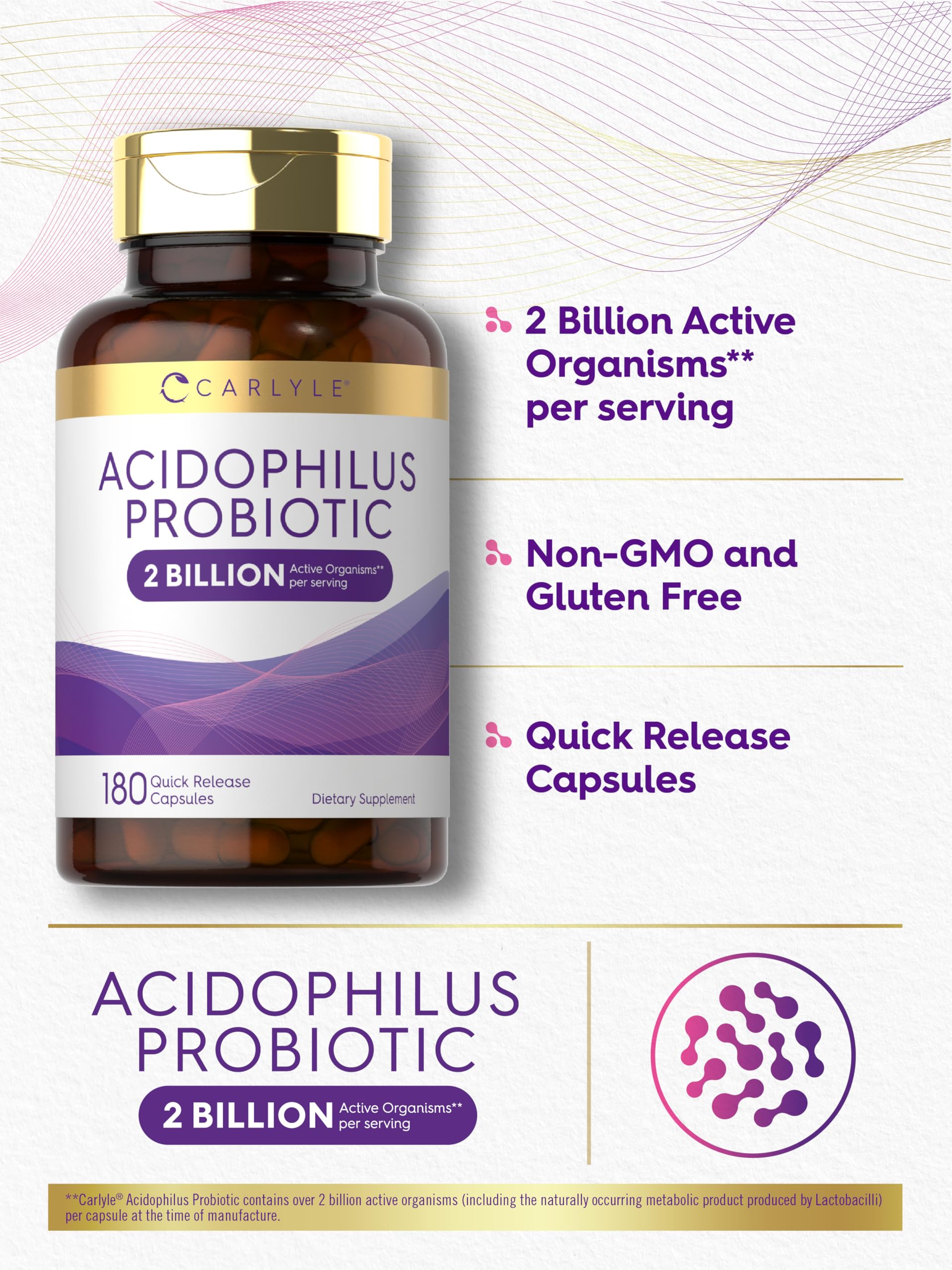 Carlyle Acidophilus capsules closeup showcases compact quick-release capsules for busy lifestyles