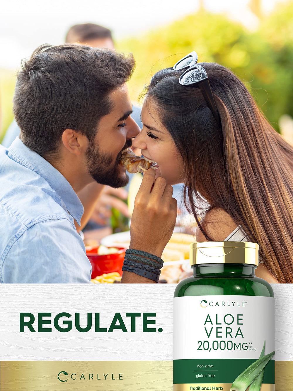 Carlyle Aloe Vera Softgel highlights a concentrated 20,000 mg equivalent formula.
