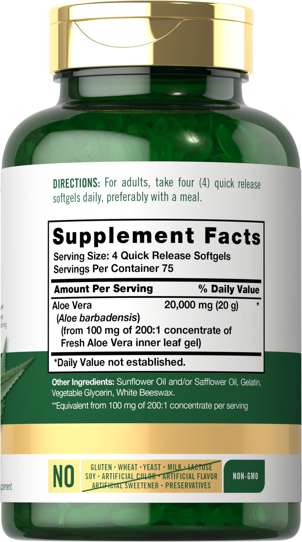 Carlyle Aloe Vera Softgel capsules close-up shows easy-to-swallow supplement.