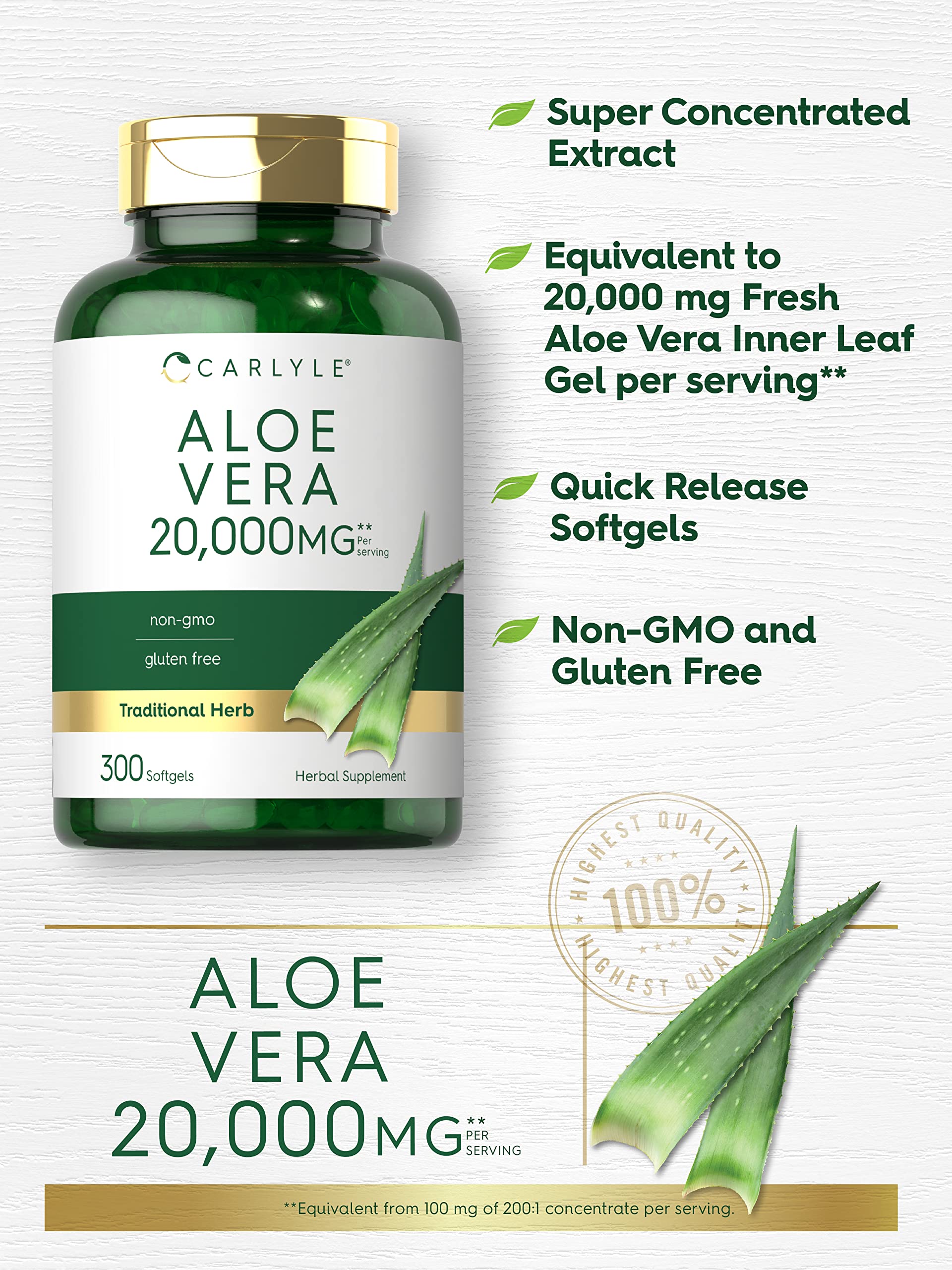 Carlyle Aloe Vera Softgel packaging highlights gluten-free, non-GMO formulation.