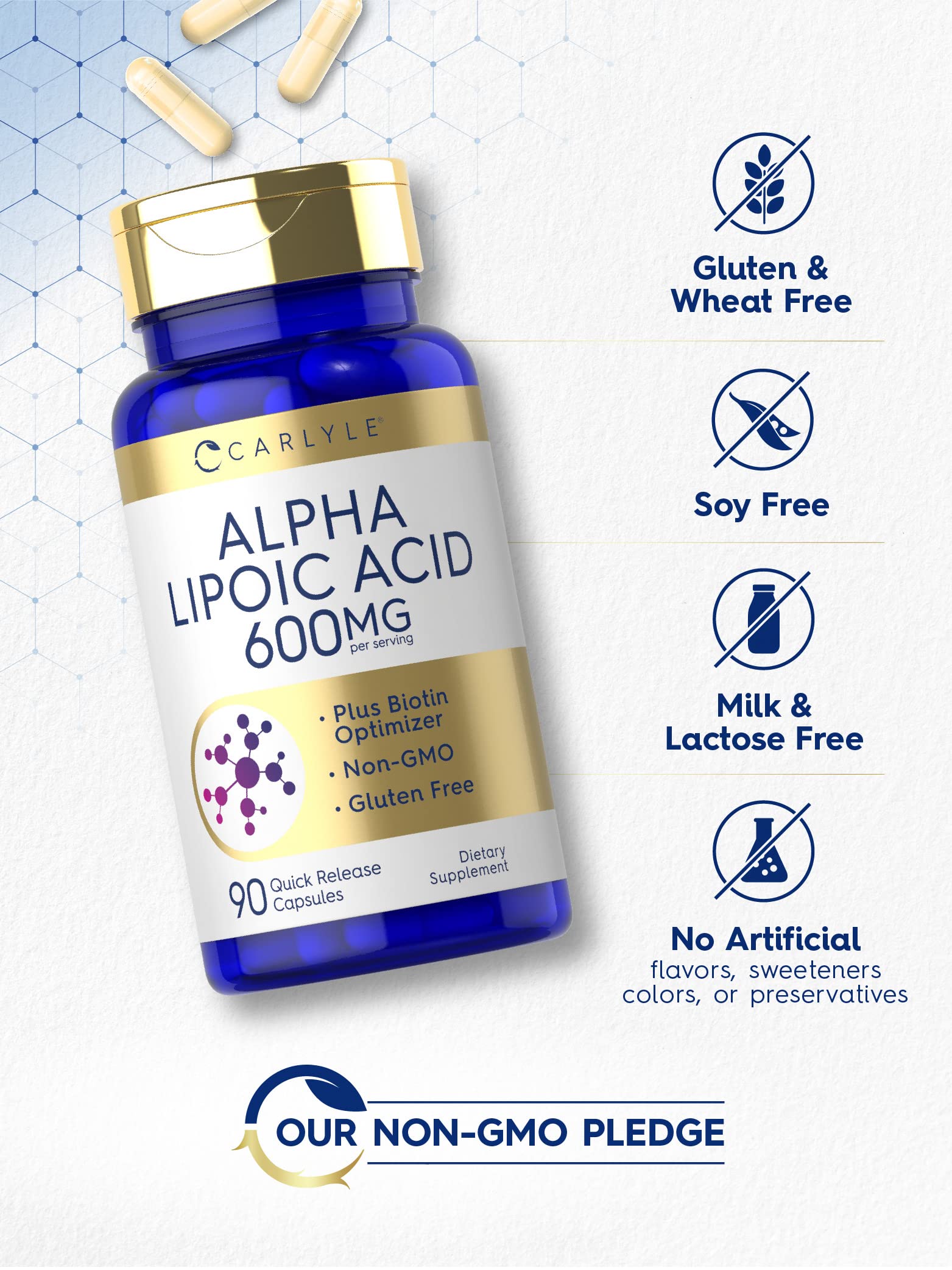 Carlyle Alpha Lipoic Acid 600mg biotin optimizer label highlighting added biotin benefits.