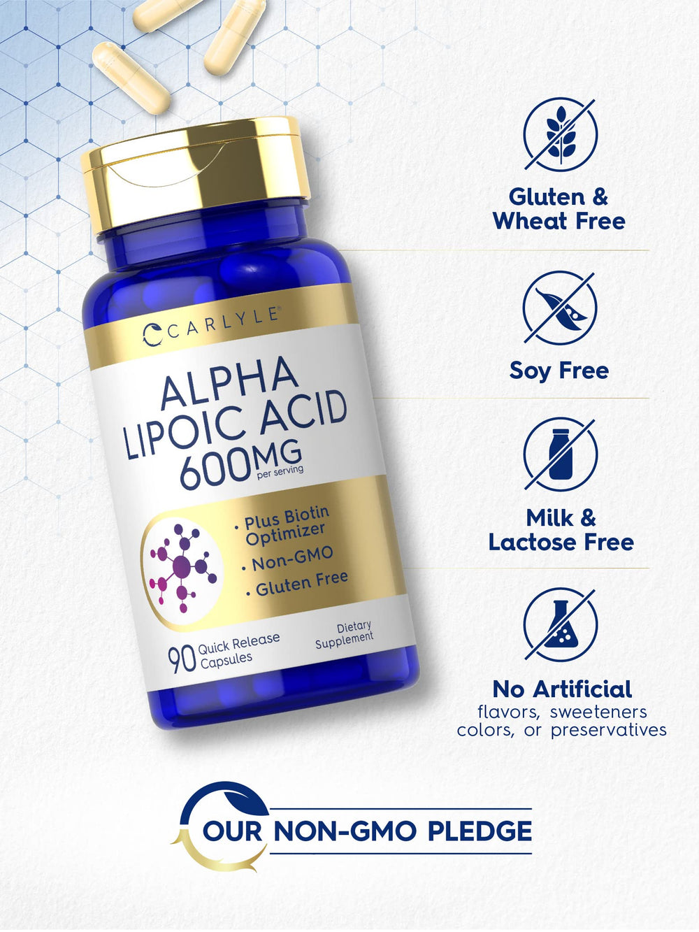 Carlyle Alpha Lipoic Acid 600mg biotin optimizer label highlighting added biotin benefits.
