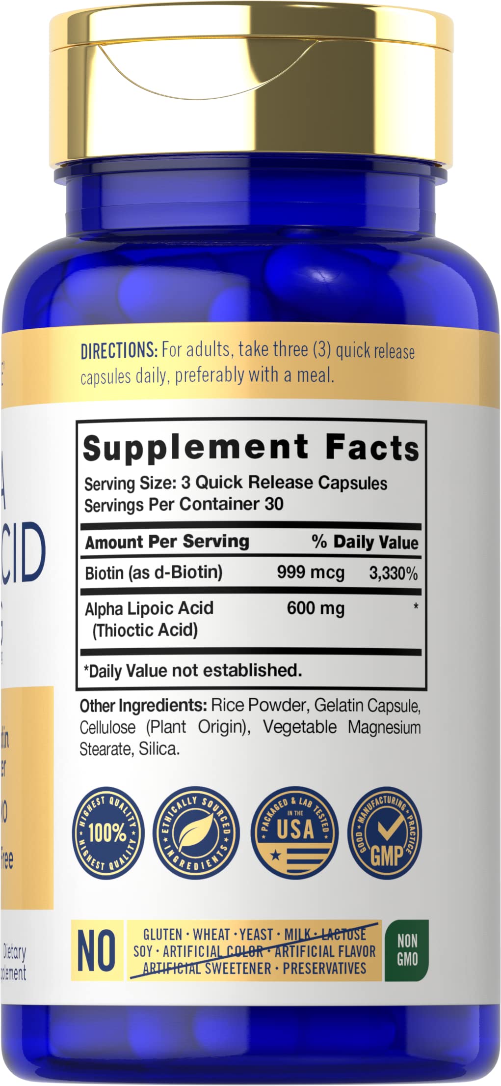 Carlyle Alpha Lipoic Acid 600mg bottle back label shows ingredients and gluten-free note.