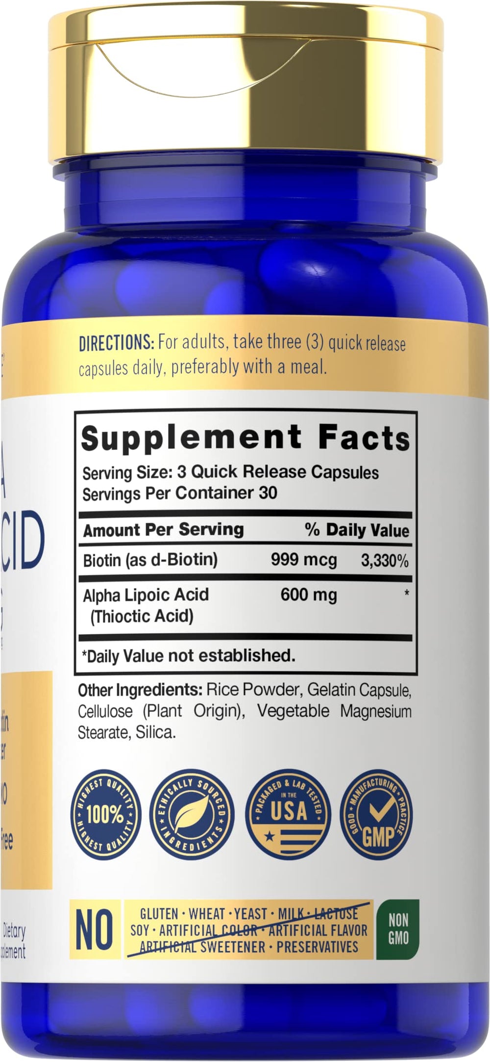 Carlyle Alpha Lipoic Acid 600mg bottle back label shows ingredients and gluten-free note.