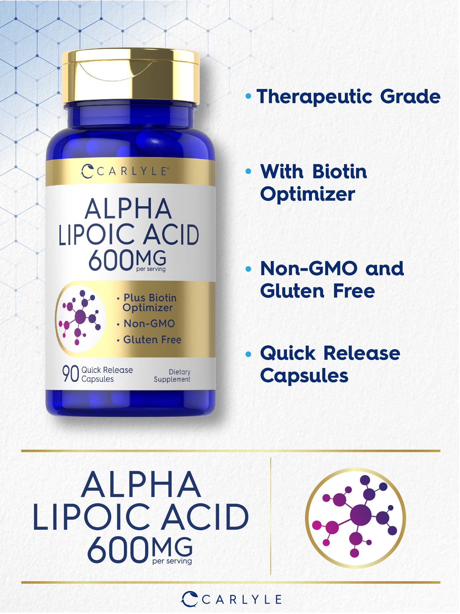 Carlyle Alpha Lipoic Acid 600mg capsules close-up emphasizing quick-release formulation.