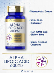 Carlyle Alpha Lipoic Acid 600mg capsules close-up emphasizing quick-release formulation.