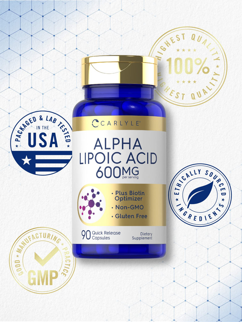 Carlyle Alpha Lipoic Acid 600mg gluten-free non-GMO packaging icon for clean label.
