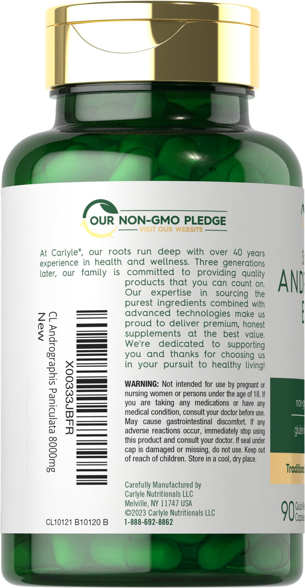 Carlyle Andrographis bottle label front highlights premium formula.