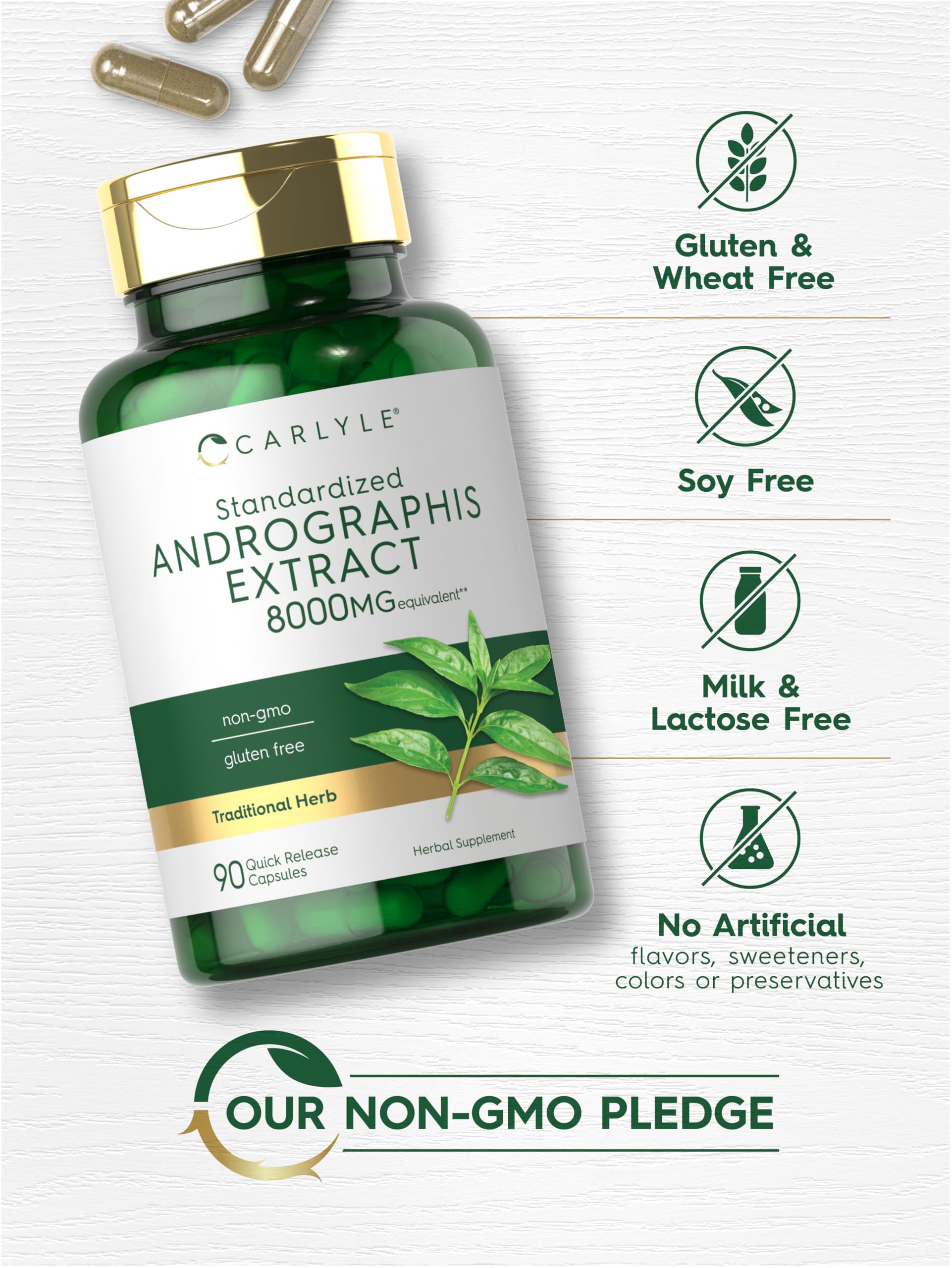 Carlyle Andrographis packaging notes non-GMO and gluten-free.