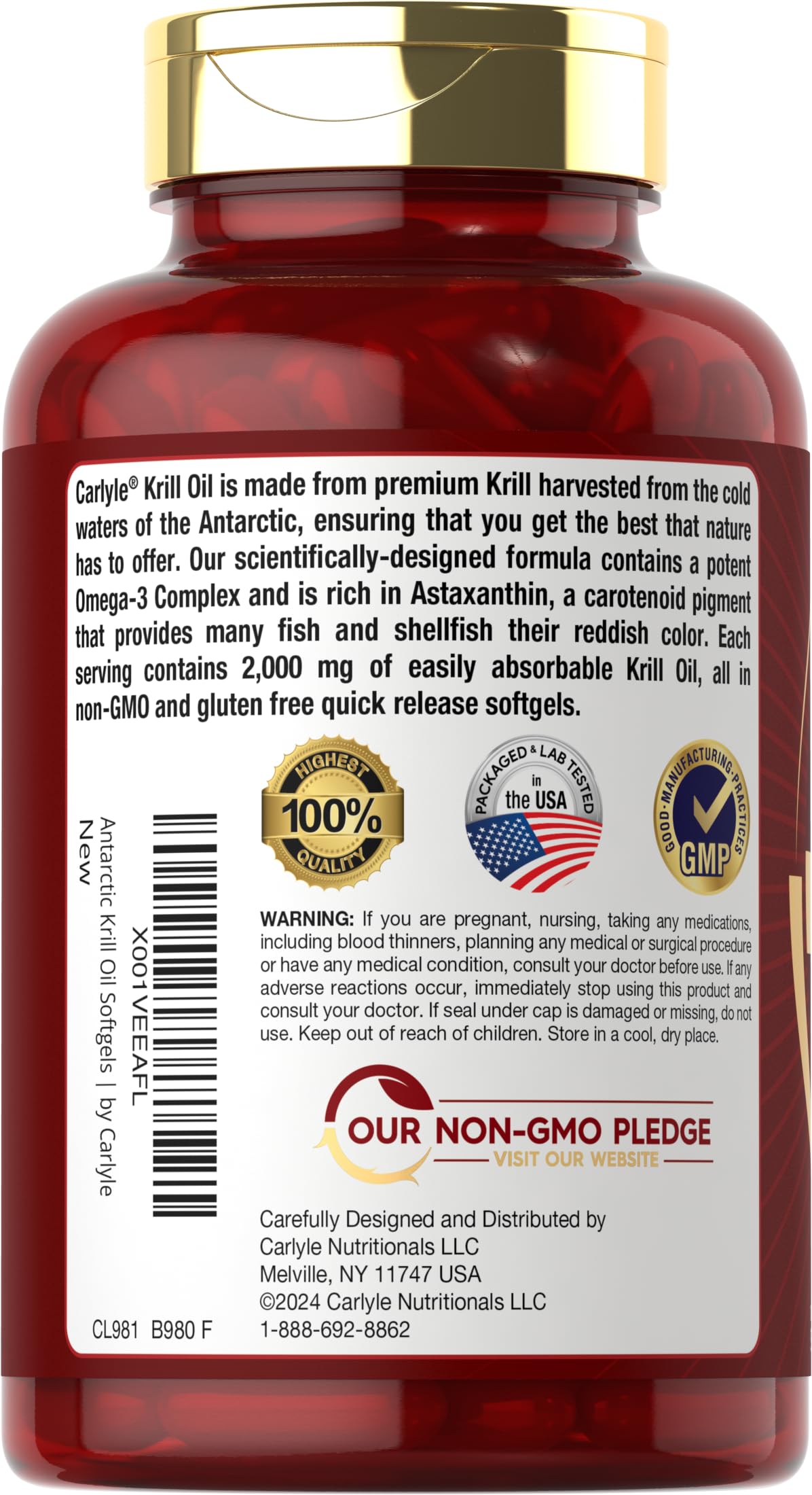 Carlyle Krill Oil label highlighting Antarctic origin and purity.