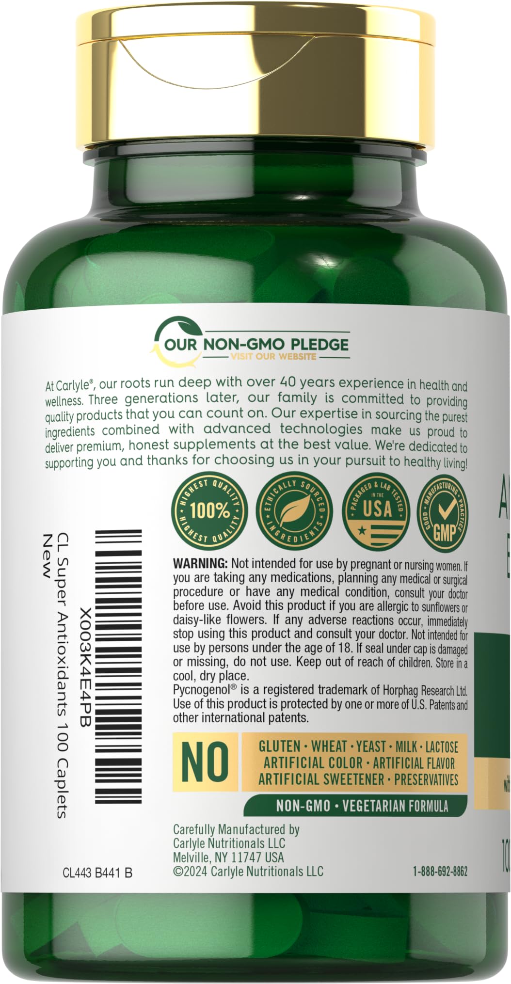 Etiqueta frontal de Carlyle Antioxidantes destaca vitaminas A, C y E para una nutrición diaria.