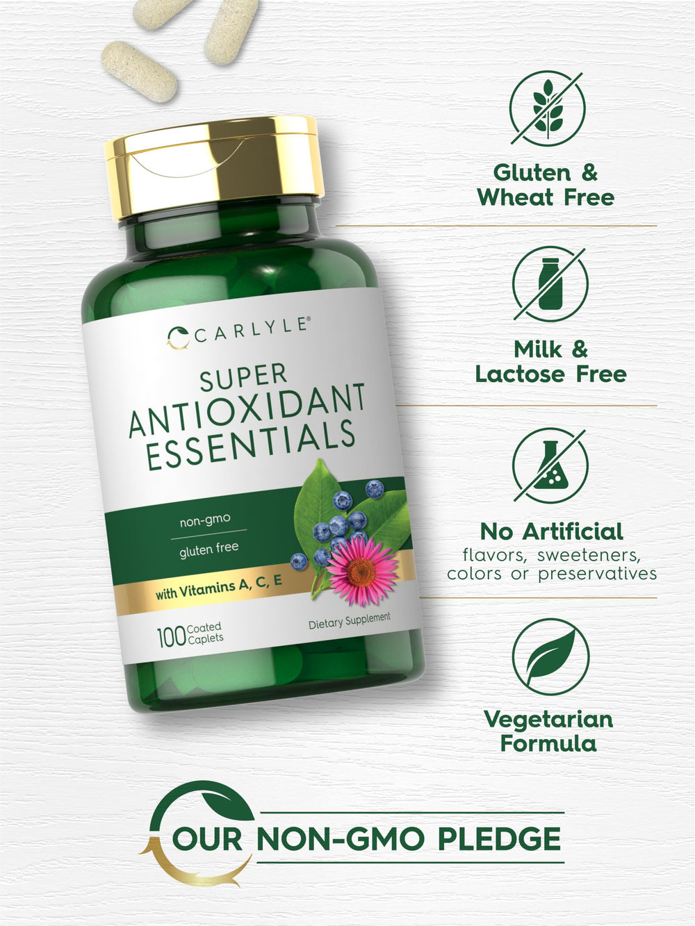 Ingredientes clave de Carlyle Antioxidantes con vitaminas A, C y E.