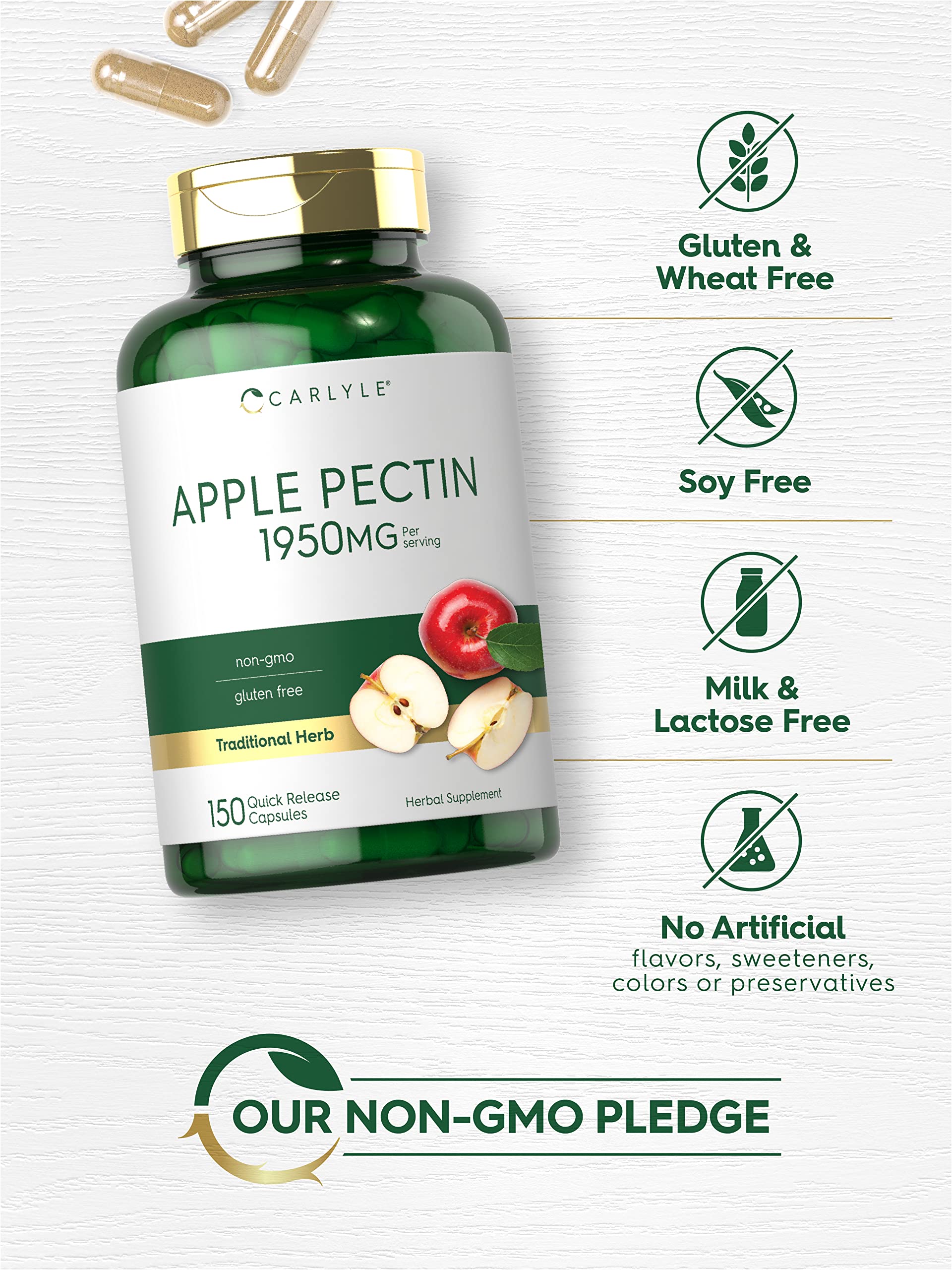 Carlyle Apple Pectin Capsules label panel with ingredients and non-GMO claim