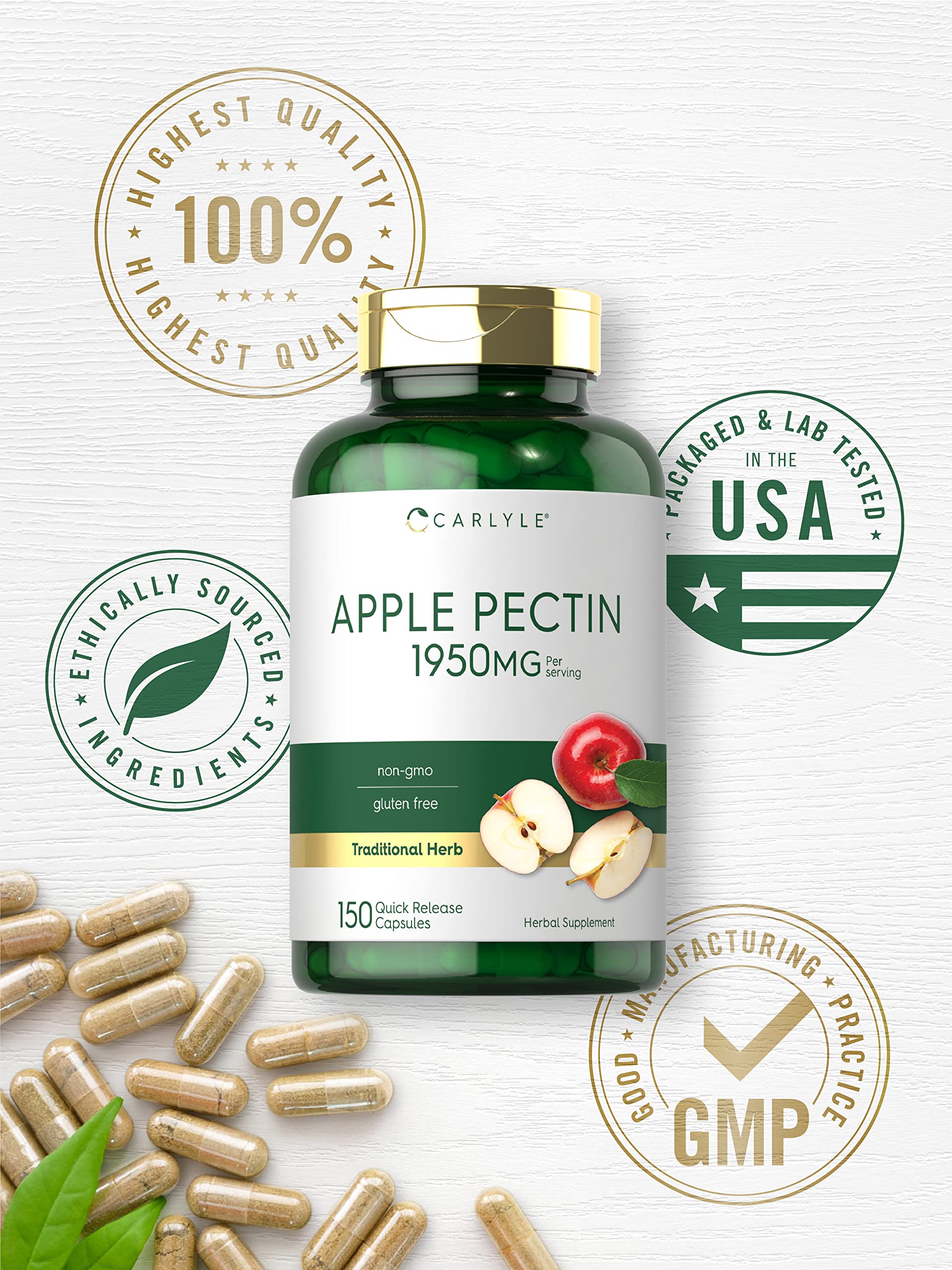 Carlyle Apple Pectin Capsules nutrition panel emphasizing 1950 mg per serving