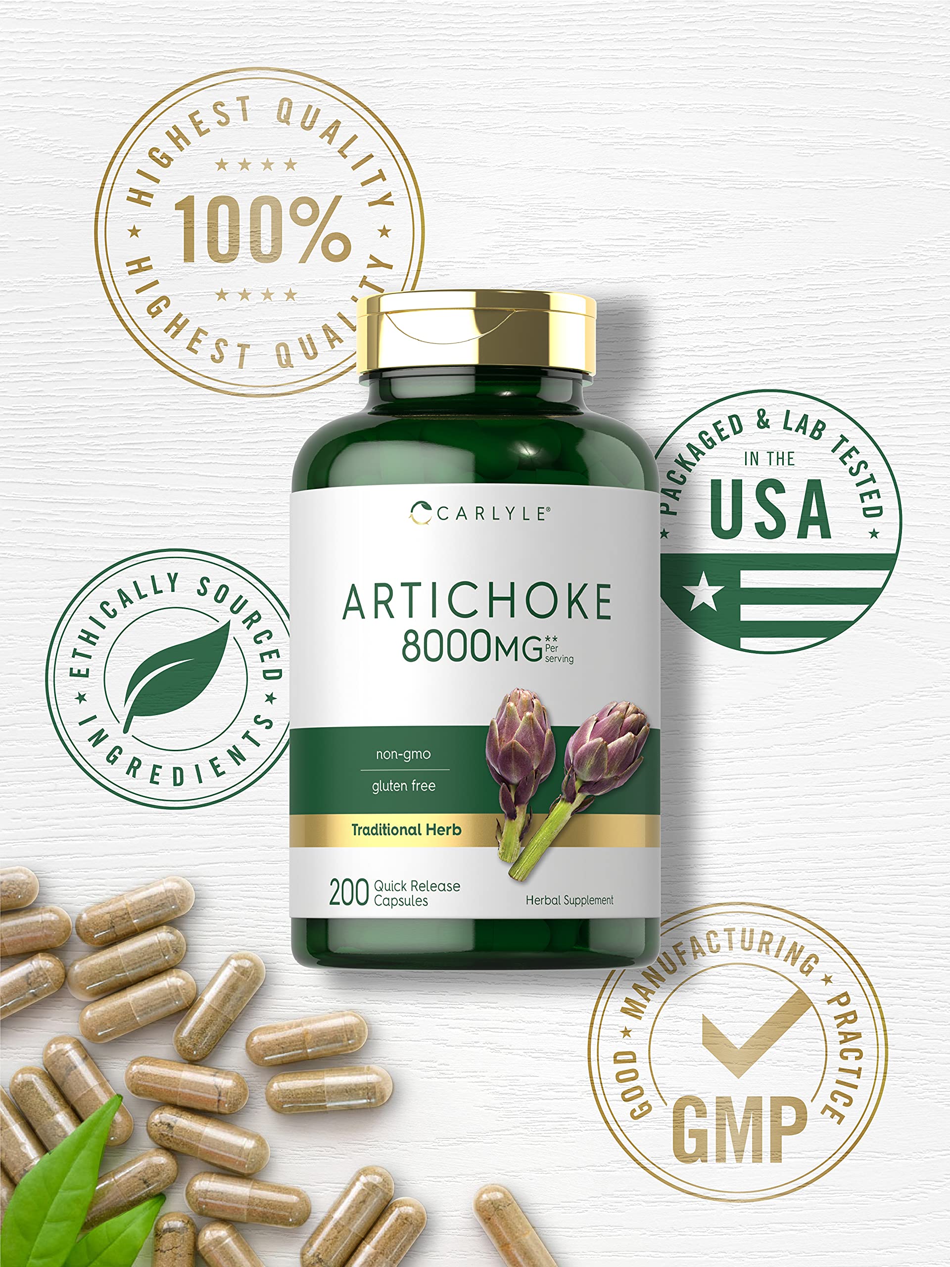 Ingredients panel on Carlyle Artichoke Extract bottle showing quality formulation.