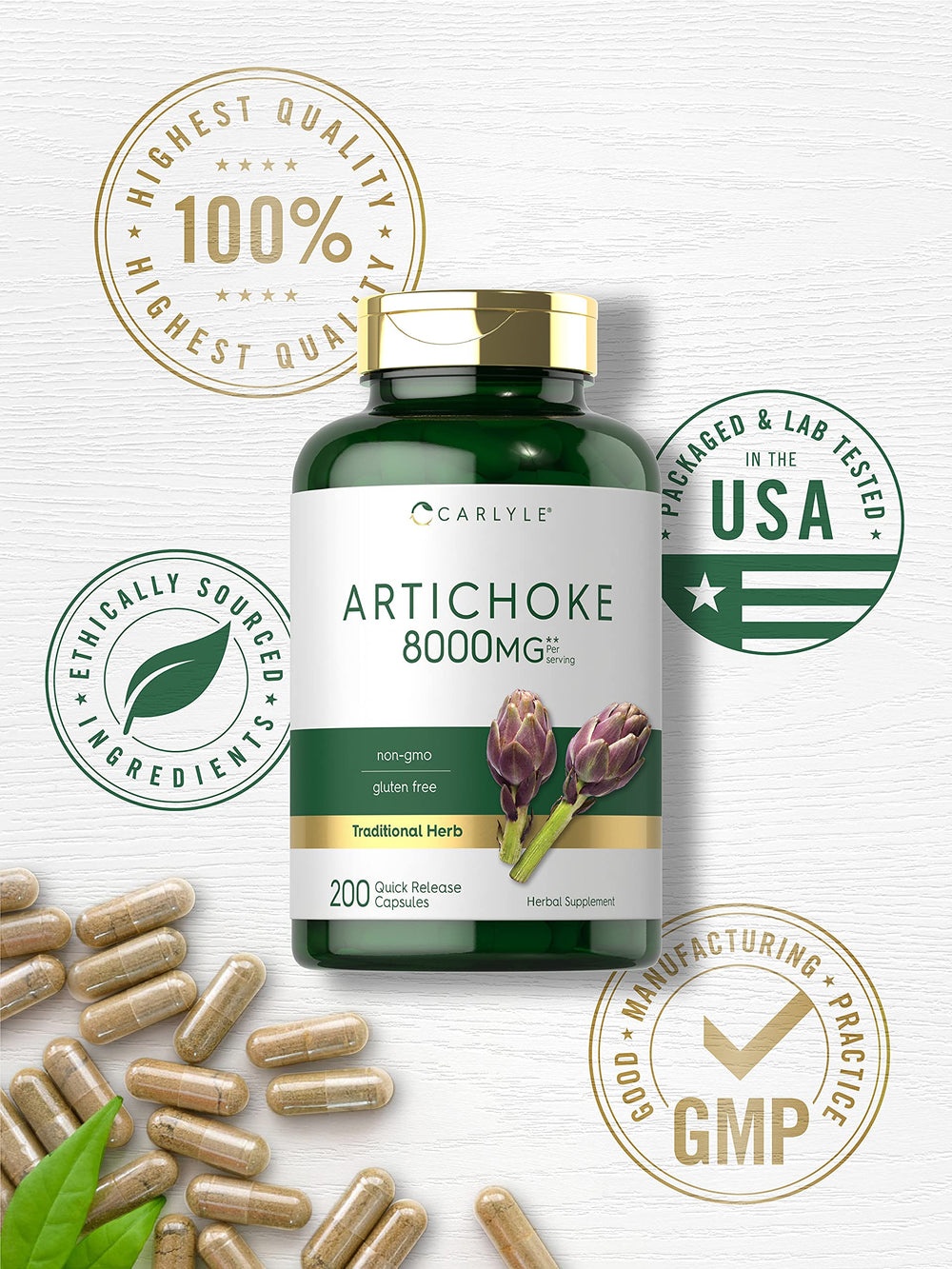 Ingredients panel on Carlyle Artichoke Extract bottle showing quality formulation.