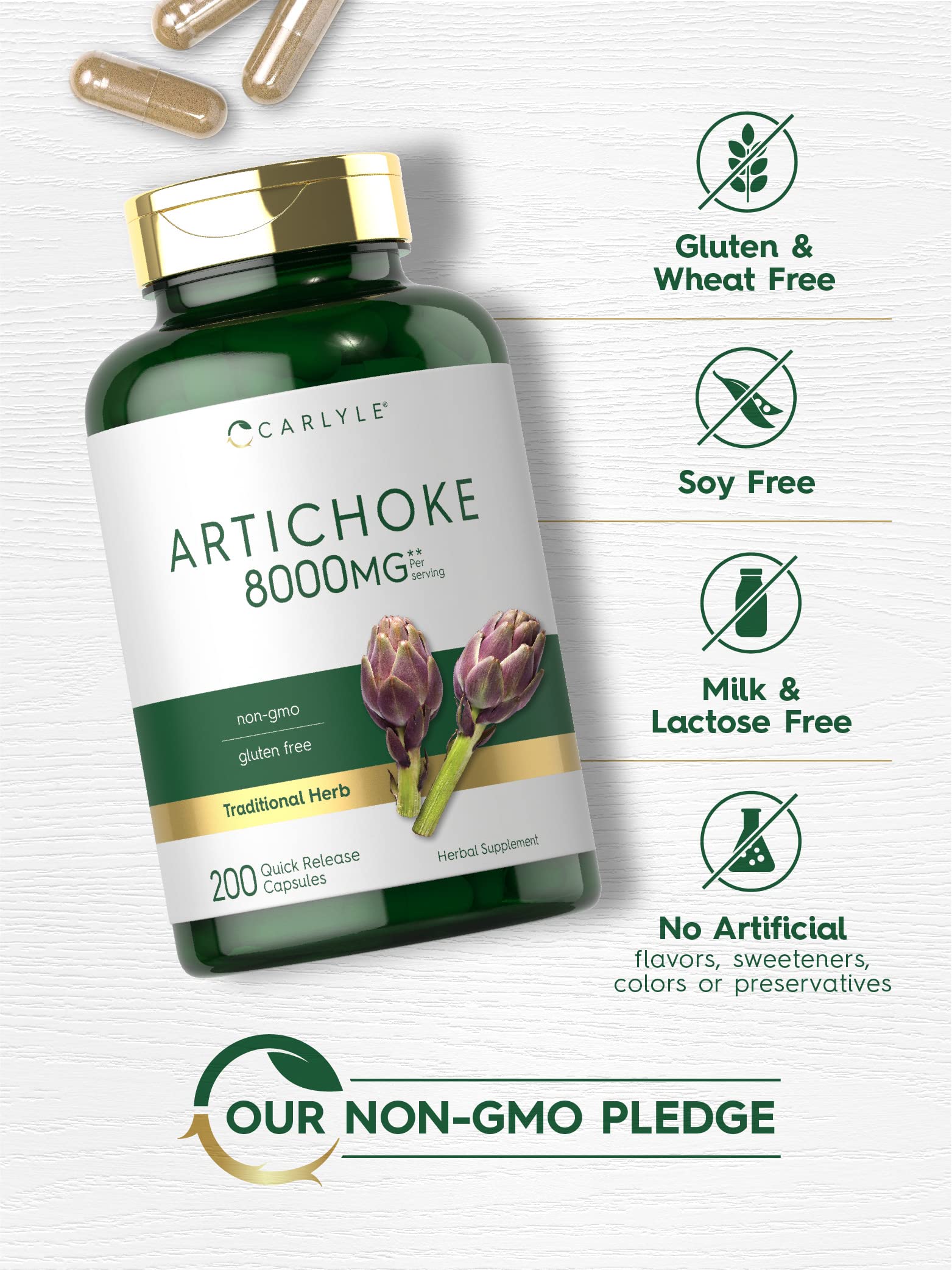 Carlyle Artichoke Extract label highlighting gluten-free and non-GMO features.