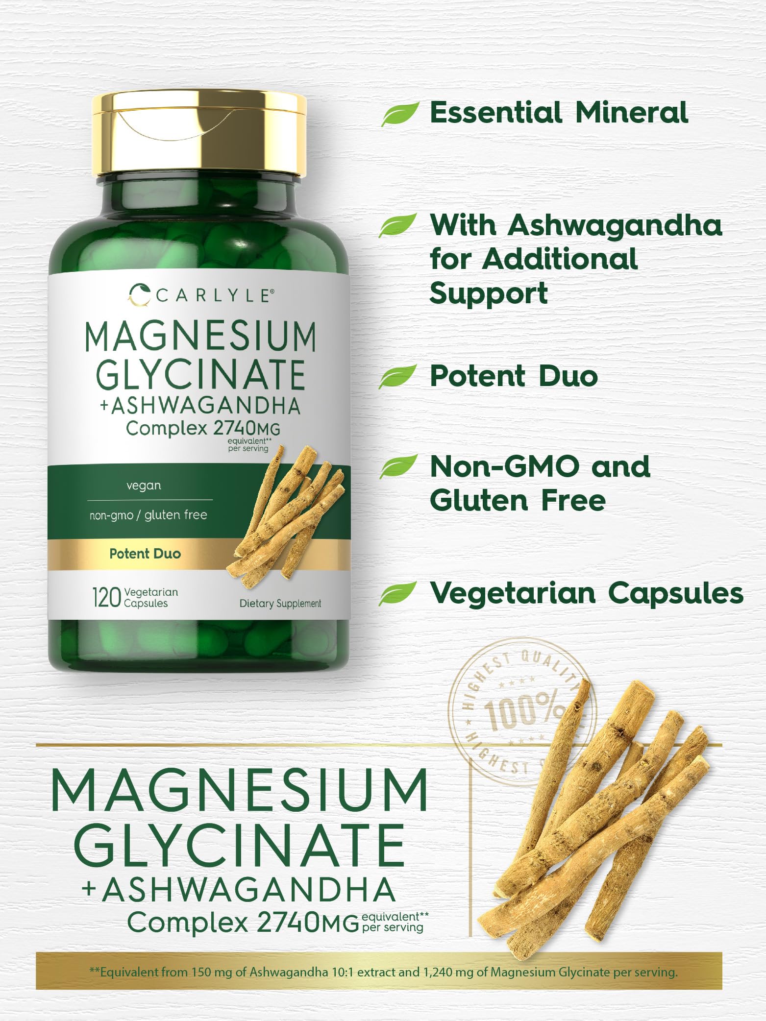 Carlyle Ashwagandha roots illustration hints at potential adaptogen support.
