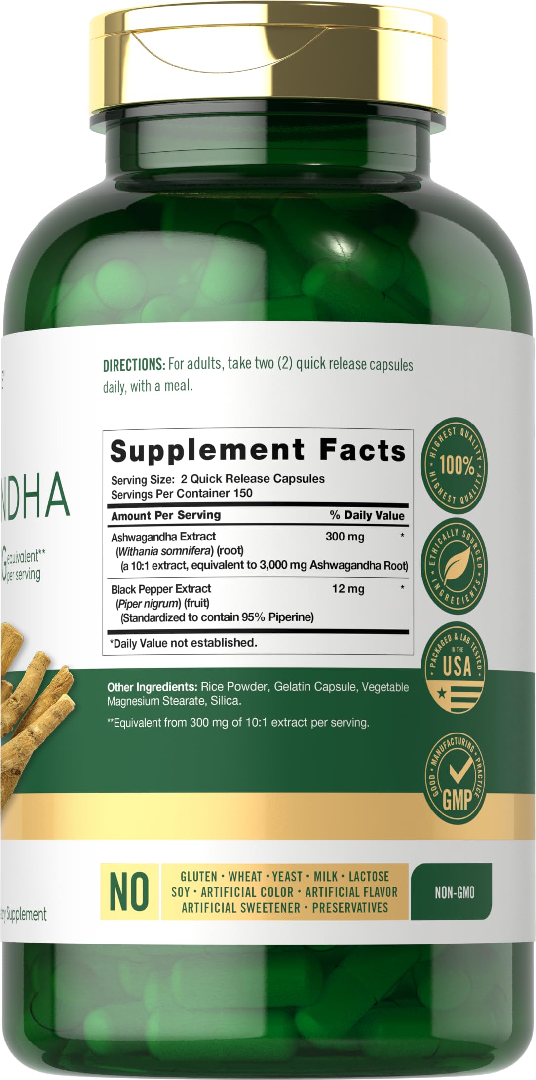 Carlyle Ashwagandha capsules 300-count close-up highlighting potent root extract