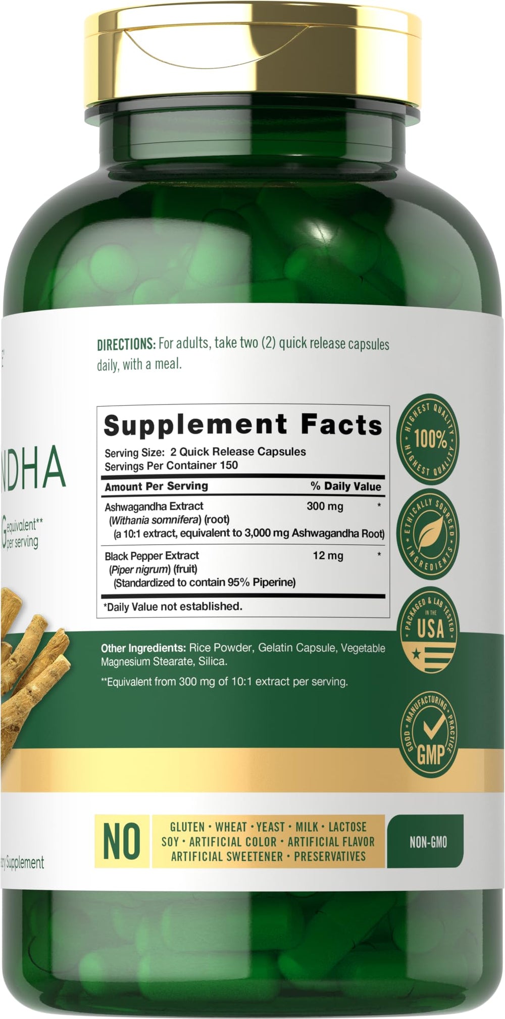 Carlyle Ashwagandha capsules 300-count close-up highlighting potent root extract