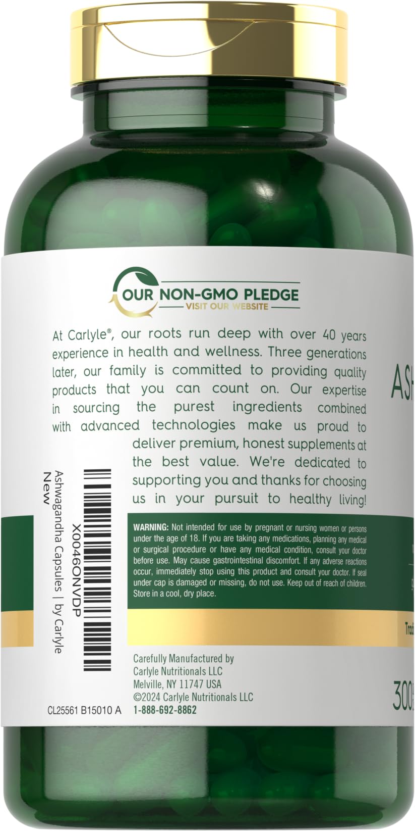 Carlyle Ashwagandha label close-up emphasizing gluten-free and non-GMO quality