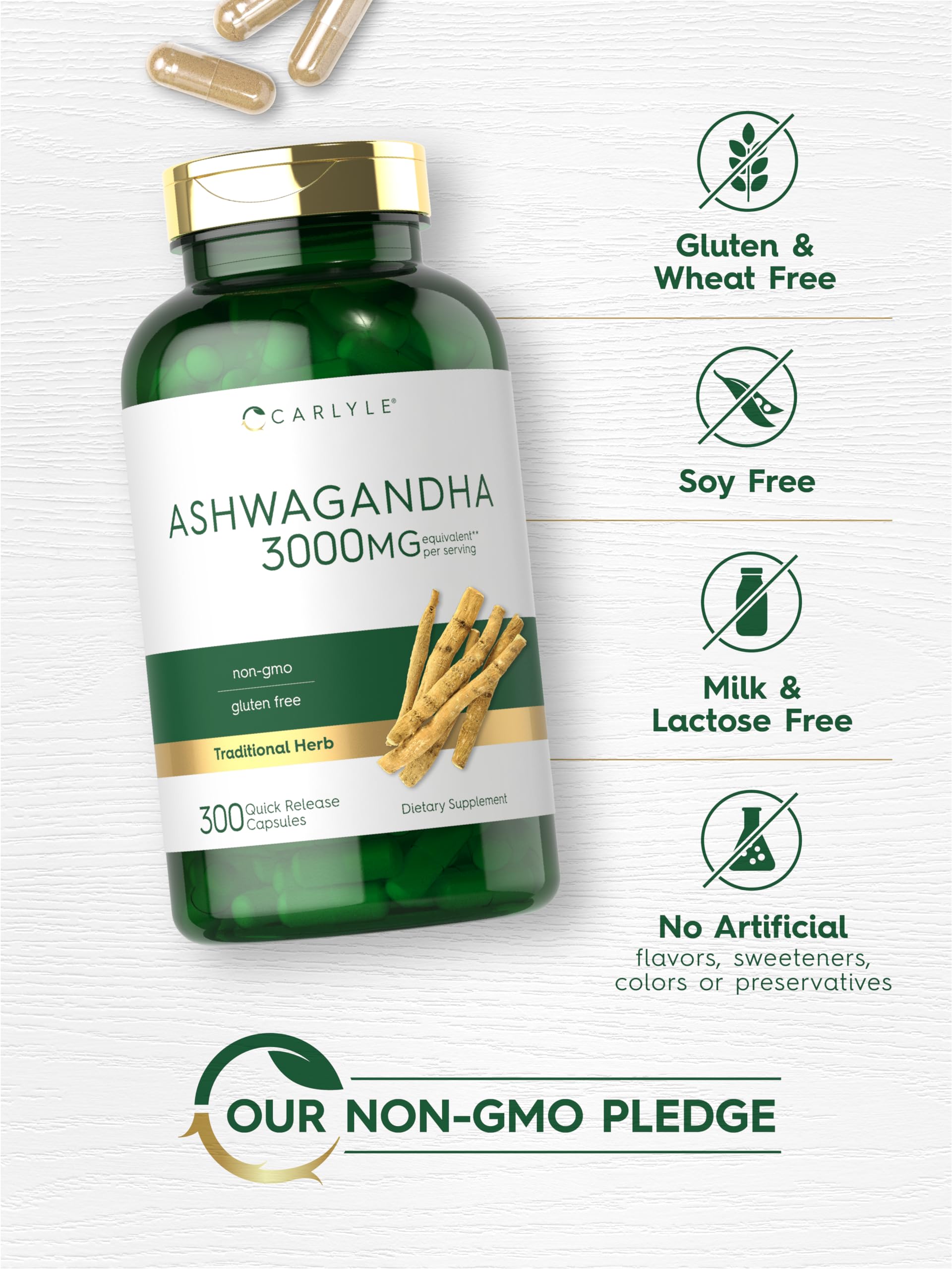 Carlyle Ashwagandha root extract graphic highlighting 3,000 mg equivalent