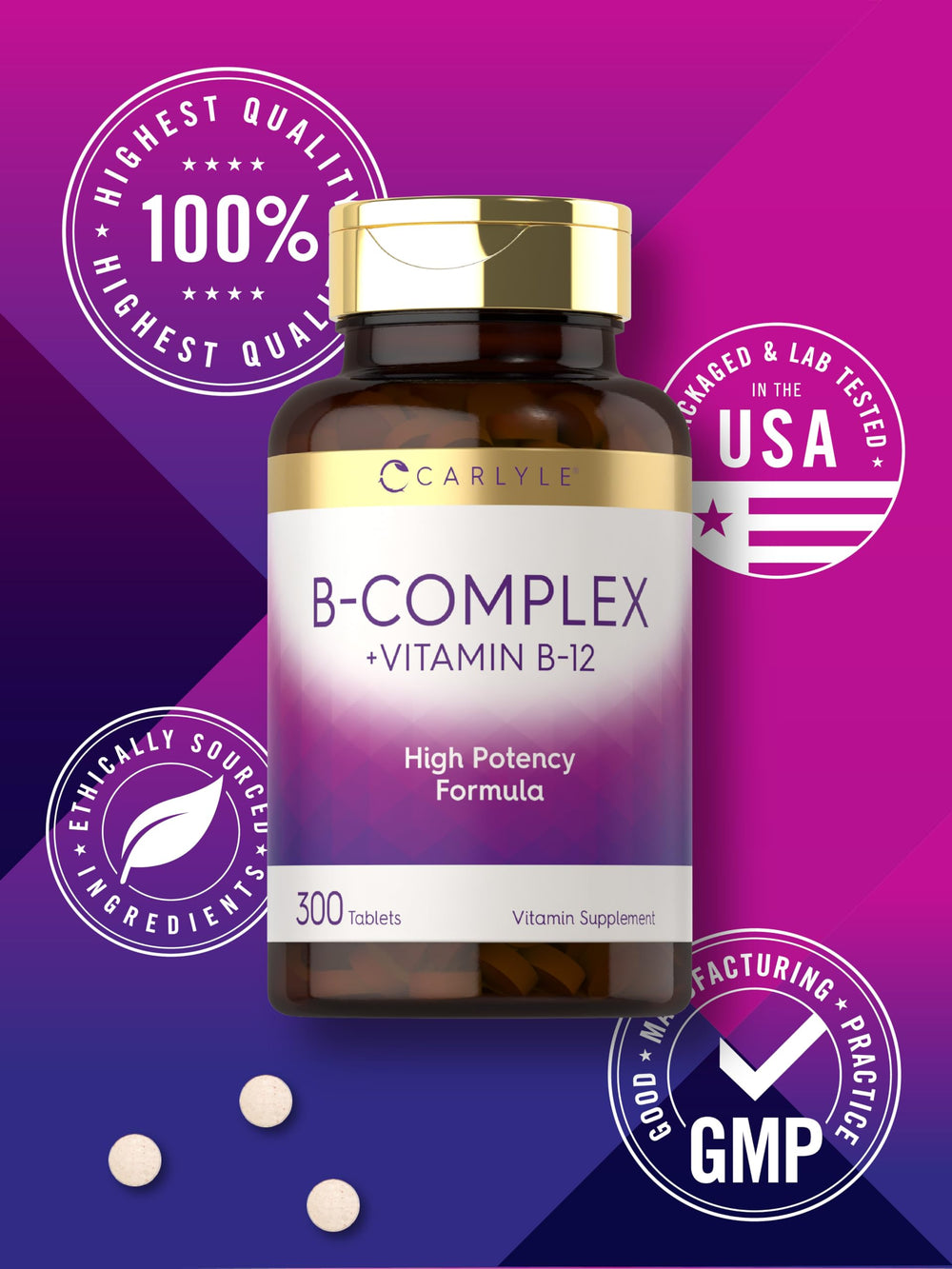 Carlyle B-Complex bottle beside a glass of water for routine intake