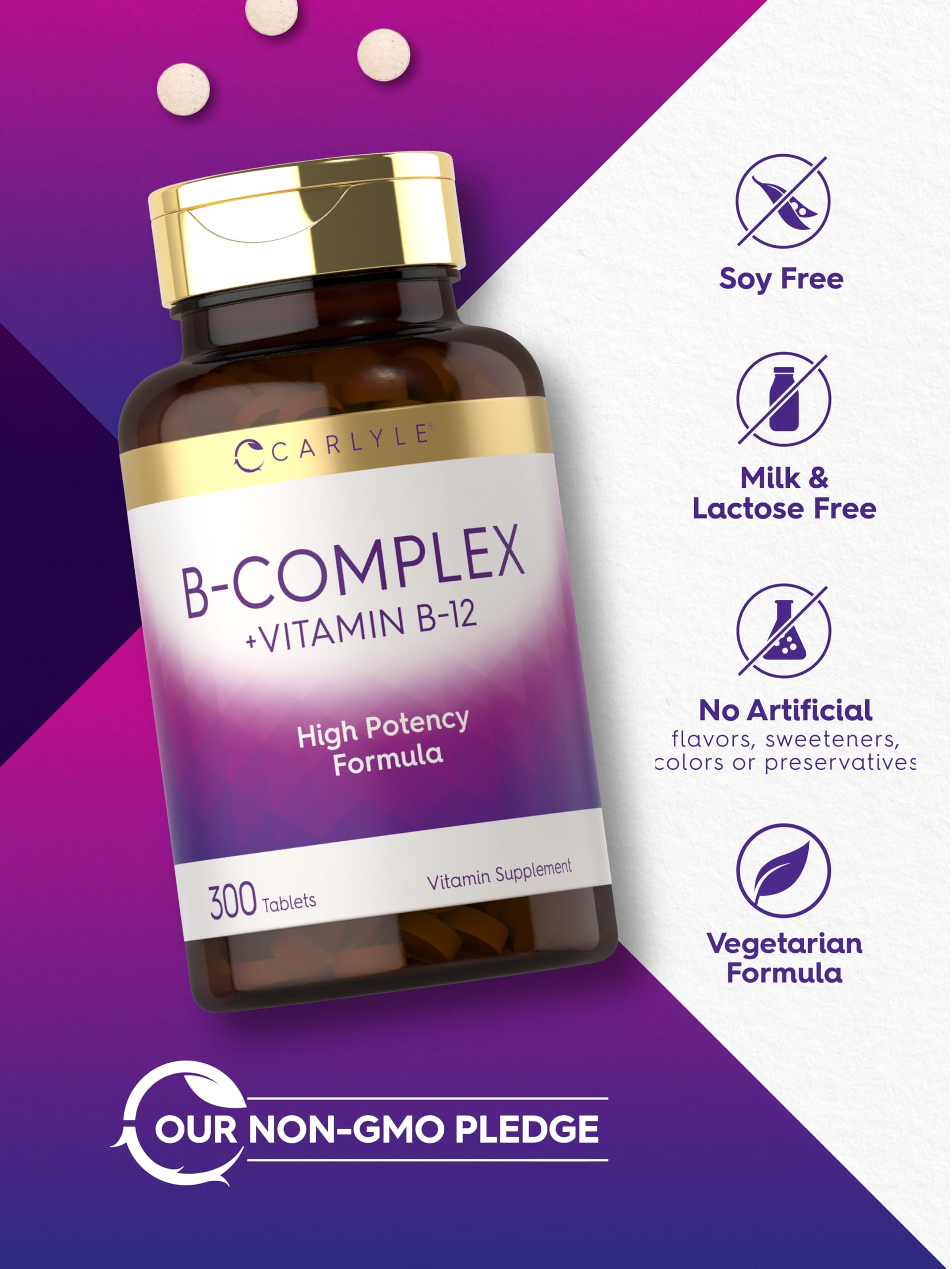Carlyle B-Complex bottle cap close-up emphasizes high potency formula