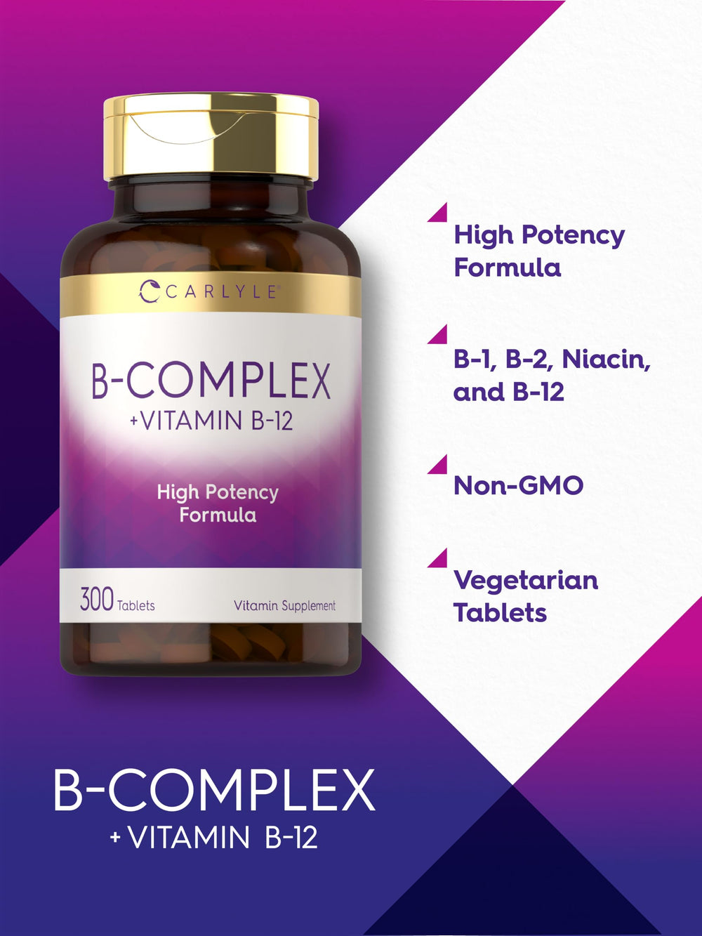 Carlyle B-Complex packaging box showcasing vegetarian and non-GMO features