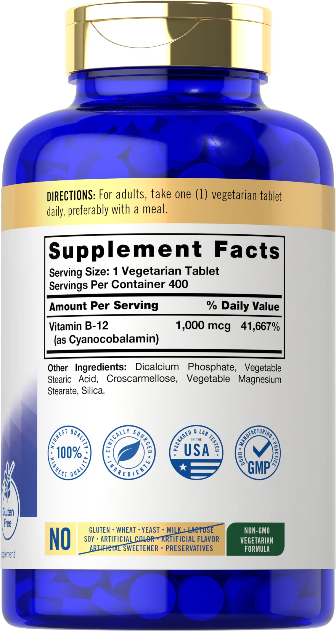 Carlyle B12 1000 mcg bottle back view confirms non-GMO and gluten-free benefits
