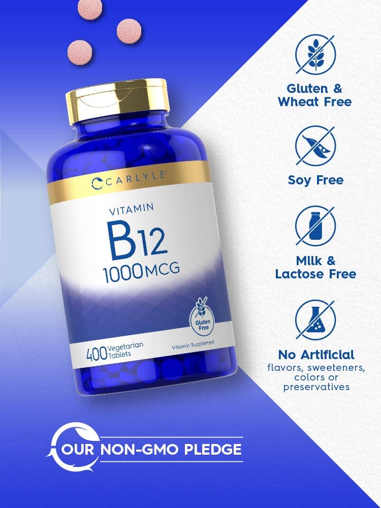 Carlyle B12 1000 mcg packaging highlights gluten-free and non-GMO promise