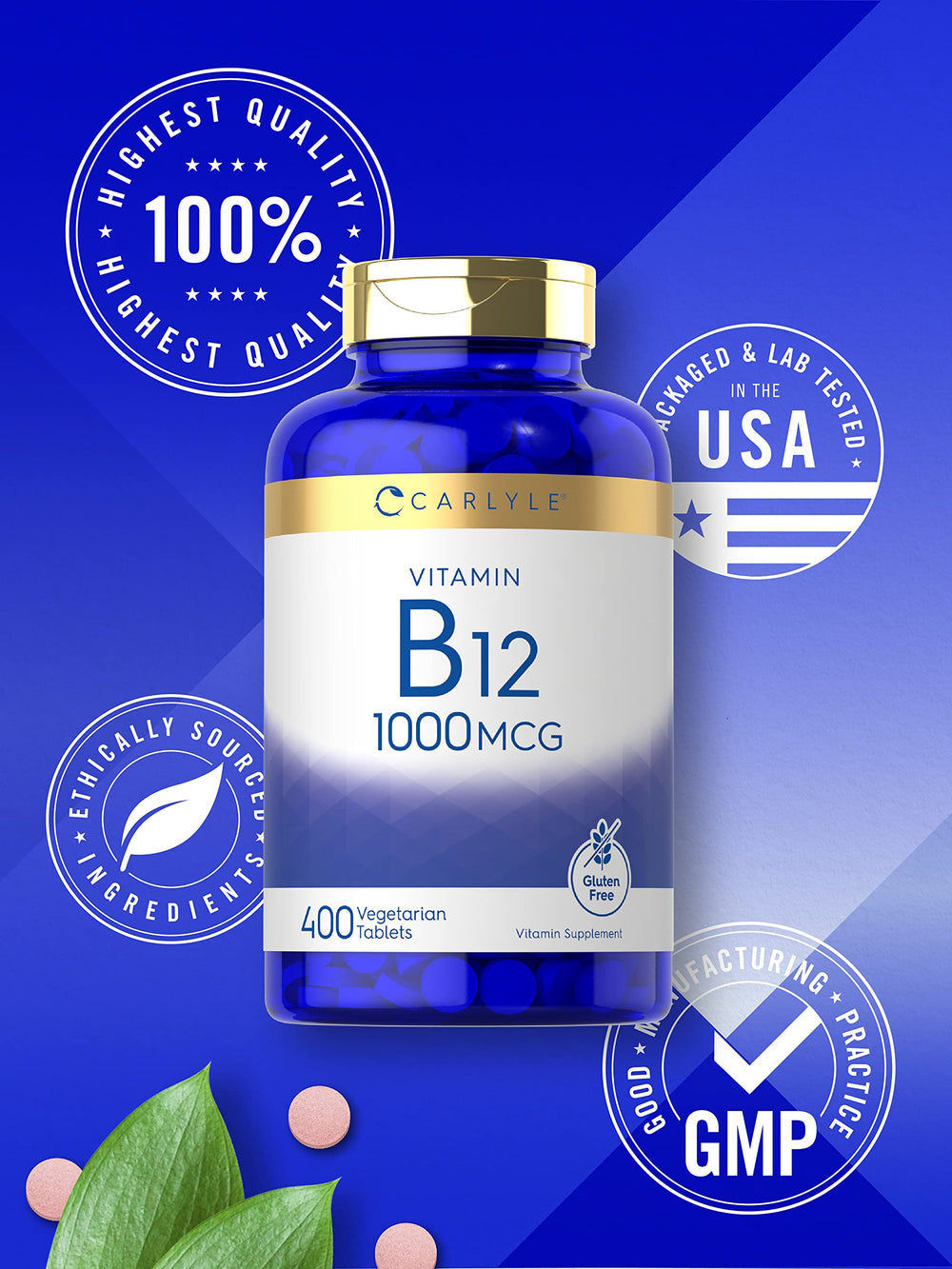Carlyle B12 1000 mcg tablet close-up showing smooth texture