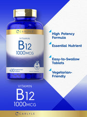 Carlyle B12 1000 mcg tablets daily-use close-up showing vegetarian tablets