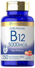 Carlyle B12 5000 mcg Sublingual bottle pour highlights berry flavor for daily use