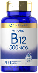 Carlyle Vitamina B-12 500 mcg, tabletas vegetarianas para uso diario.