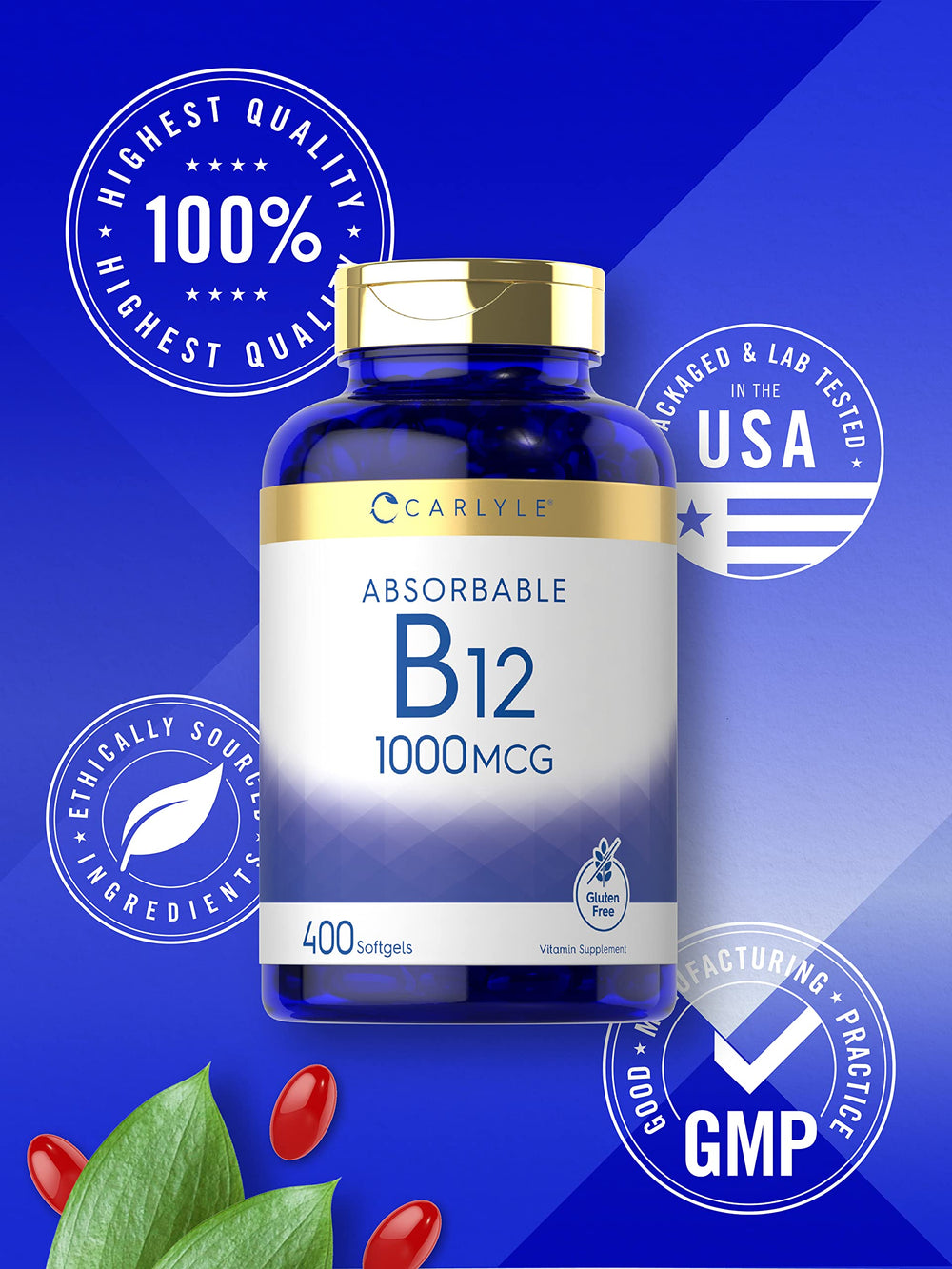 Carlyle B12 daily use softgel bottle placed on a counter
