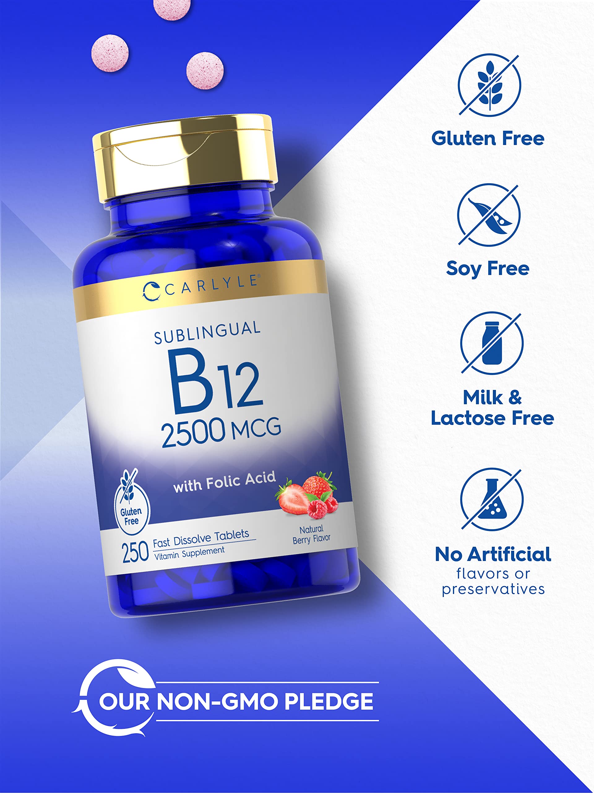 Carlyle B12 sublingual bottle label shows folic acid inclusion