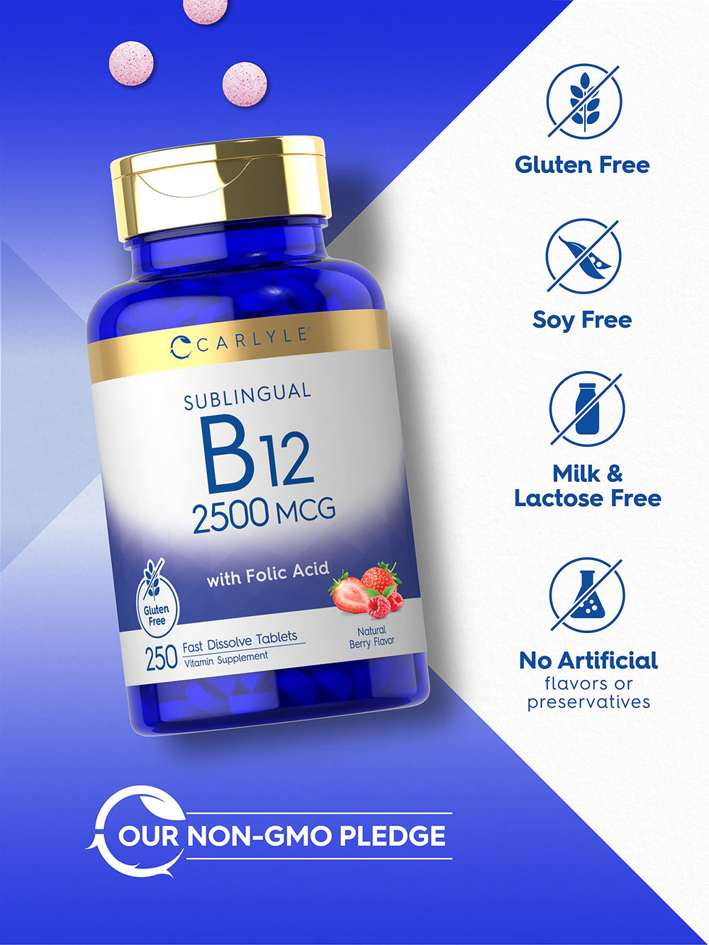 Carlyle B12 sublingual bottle label shows folic acid inclusion