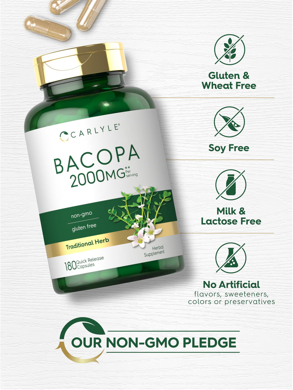 Carlyle Bacopa Capsules ingredients panel shows trusted non-GMO and allergen-free choice
