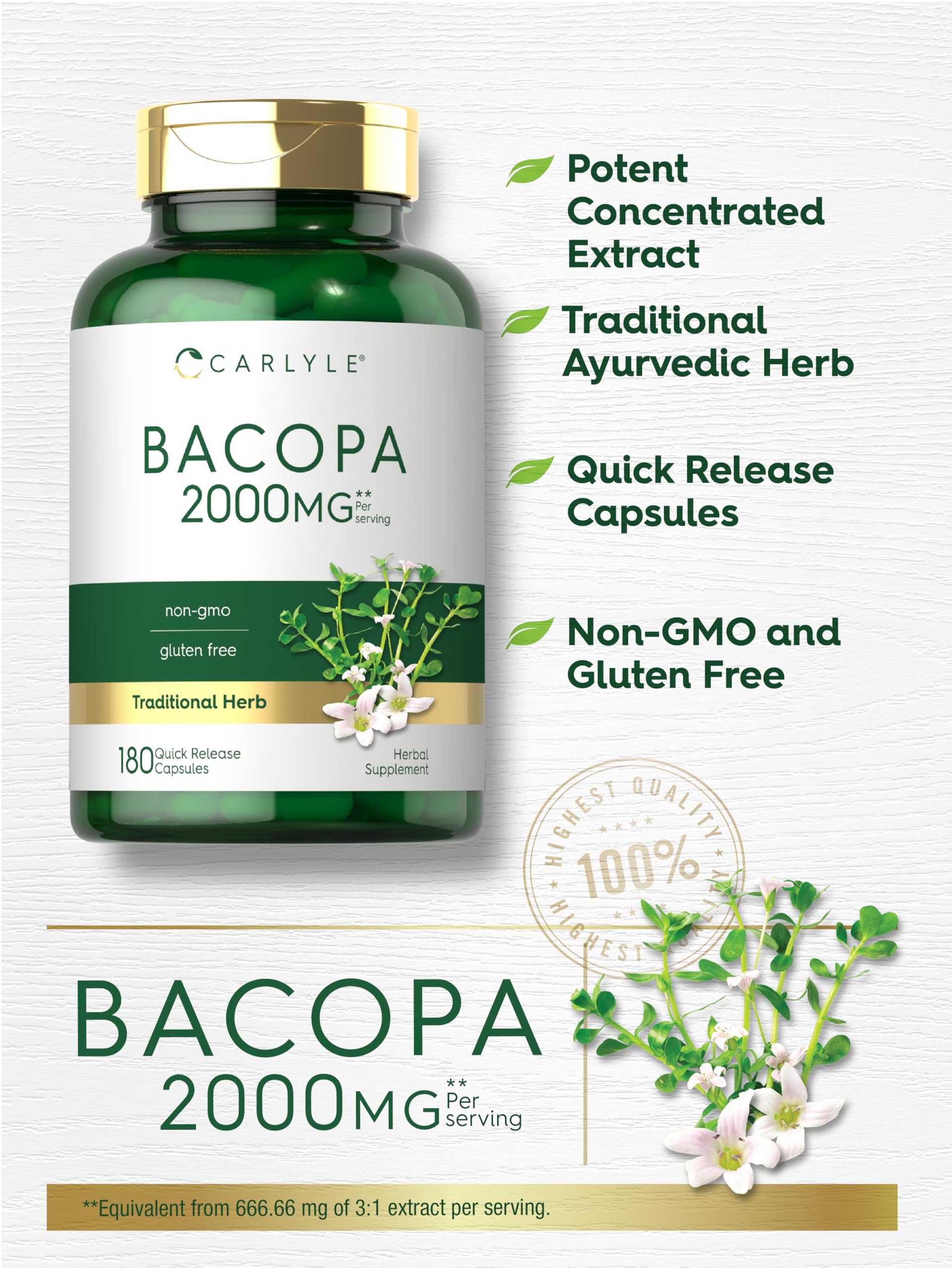 Carlyle Bacopa Capsules serving size highlights 2000 mg equivalent per serving