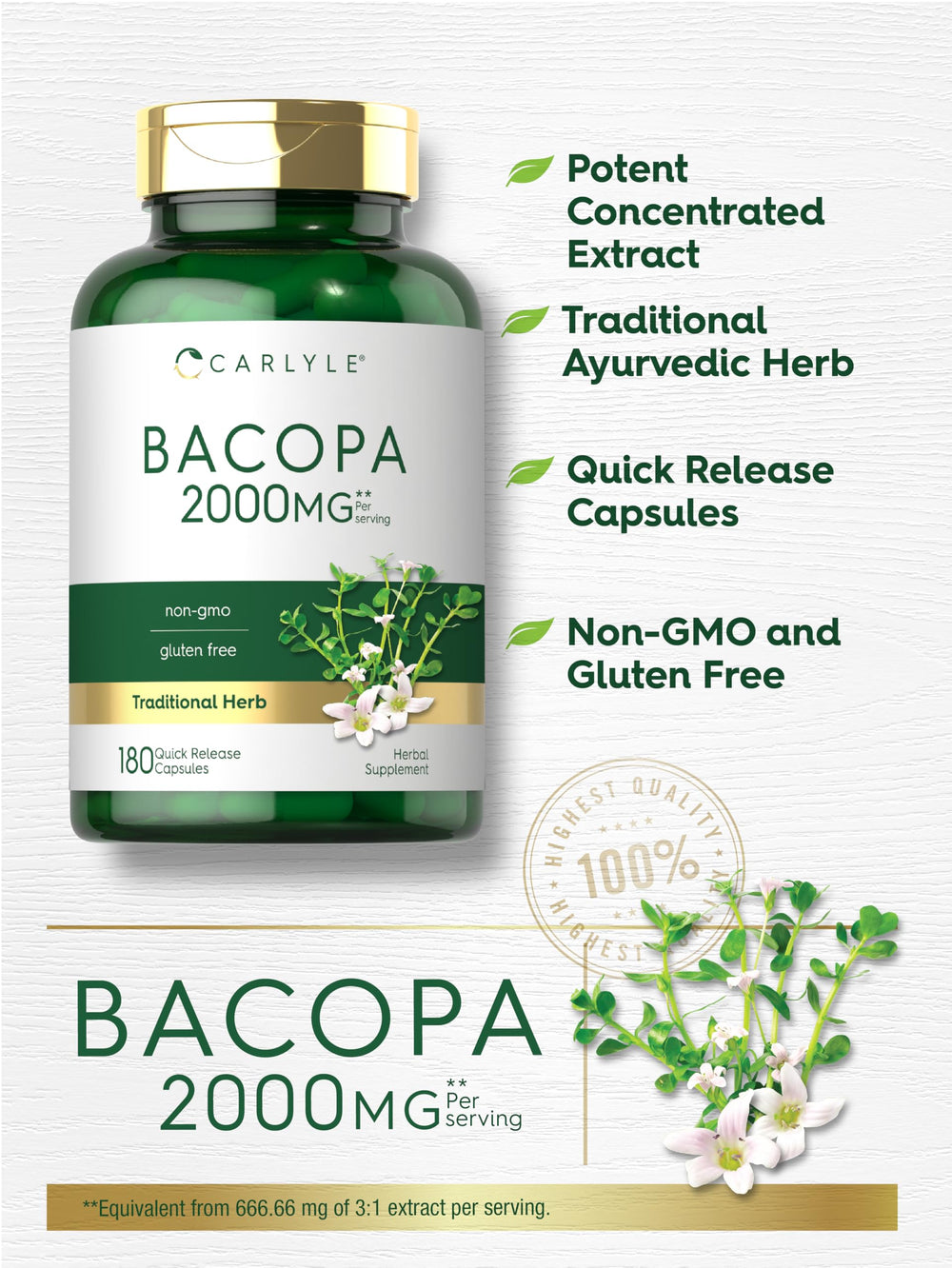 Carlyle Bacopa Capsules serving size highlights 2000 mg equivalent per serving