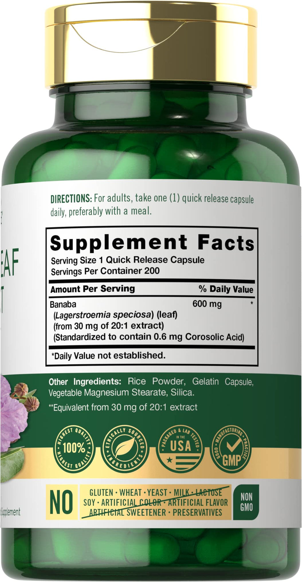 Carlyle Banaba Leaf Extract label shows standardized 600 mg potency.
