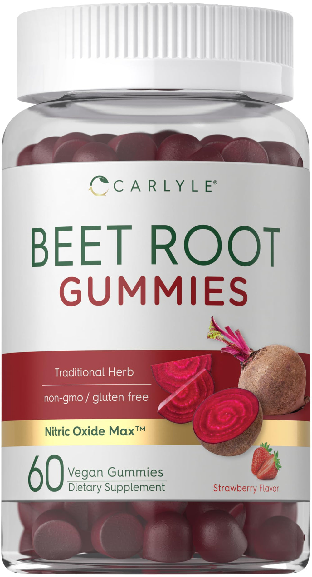 Carlyle Beet Root Gummies bottle on counter, convenient daily supplement.