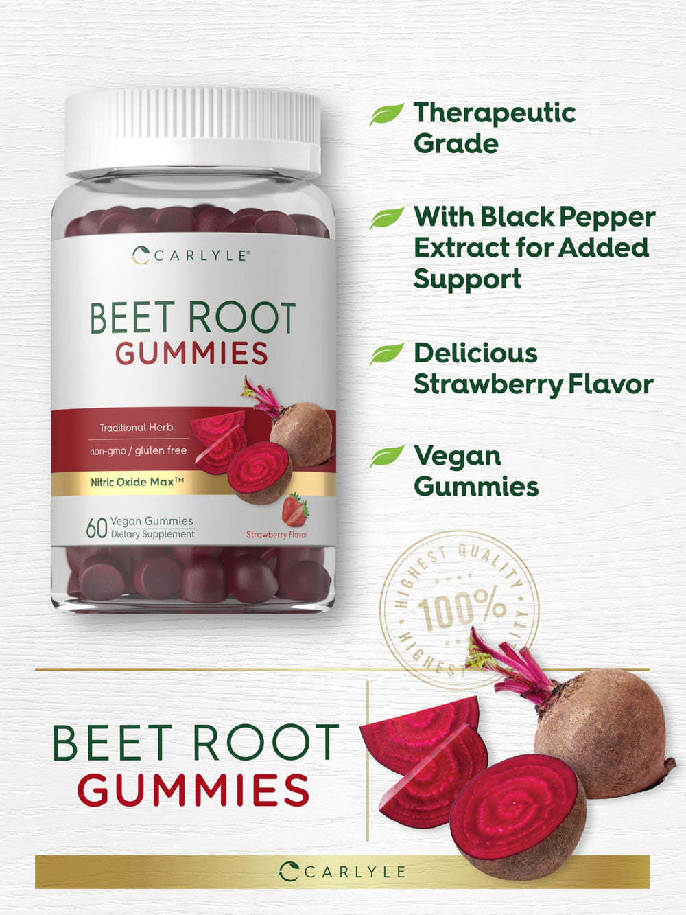 Carlyle Beet Root Gummies vegan-symbol icon, plant-based formula.