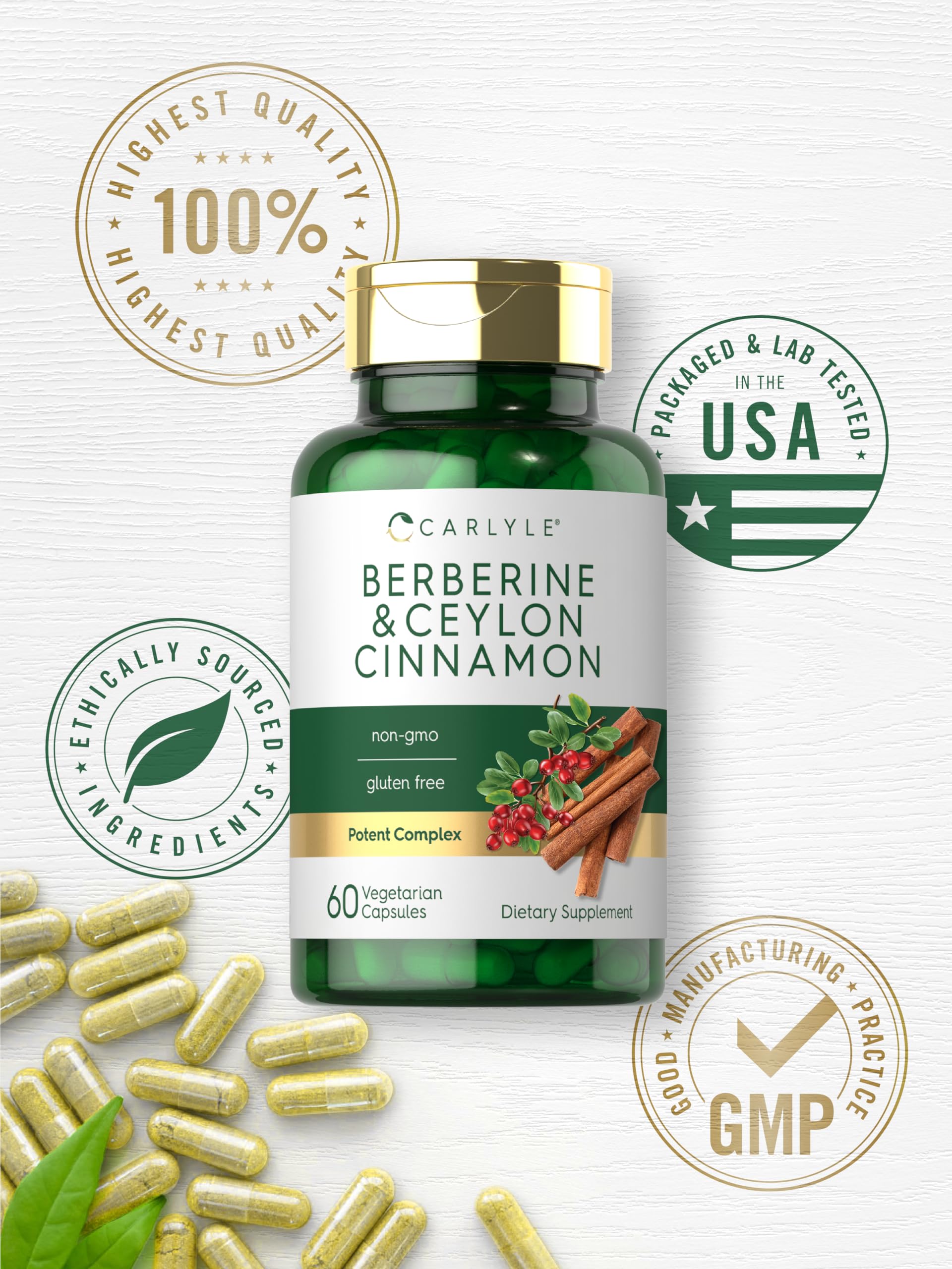 Carlyle Berberine Cinnamon capsules in hand for everyday use.