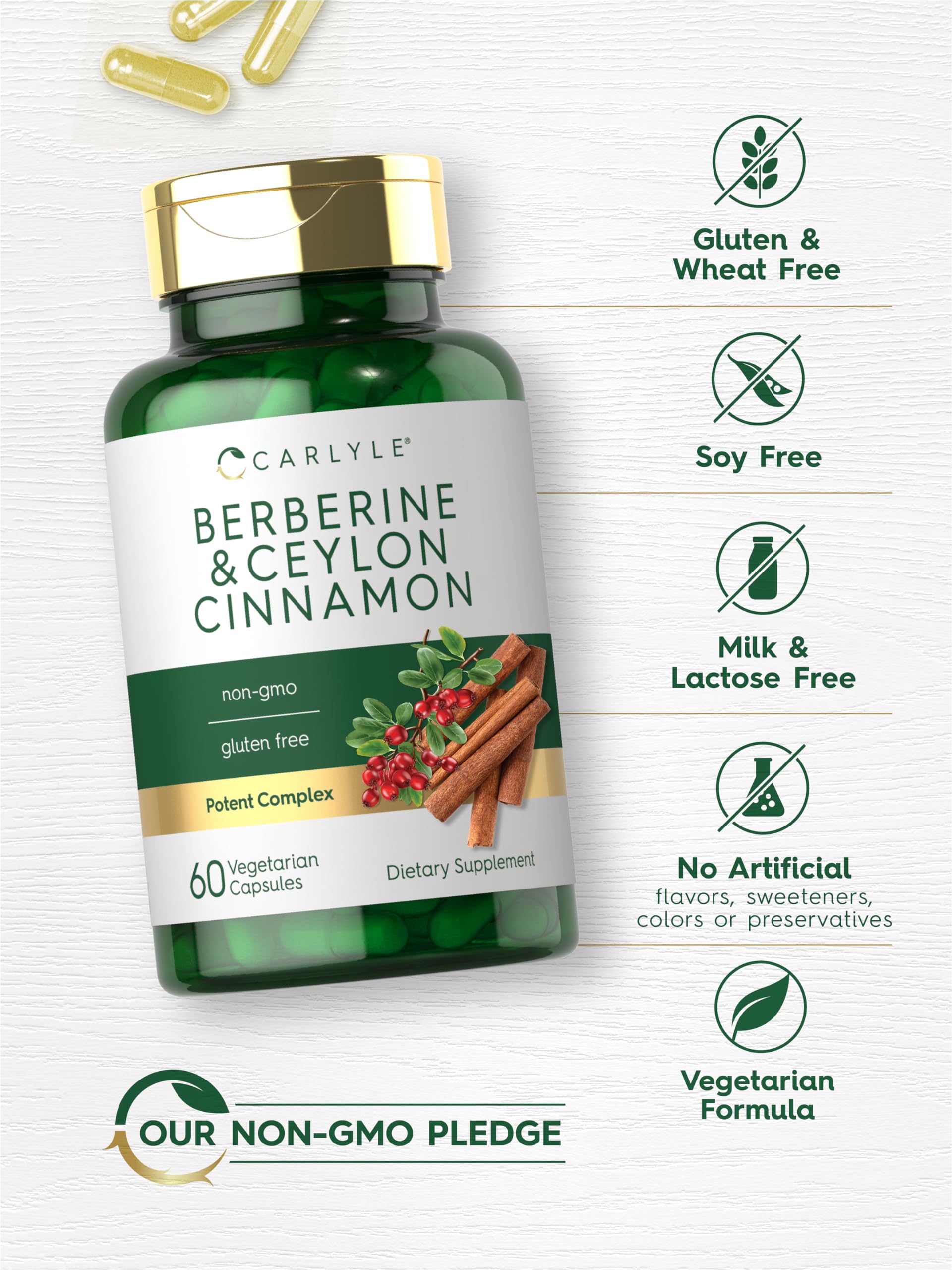 Carlyle Berberine Cinnamon label shows product details and dietary benefits.